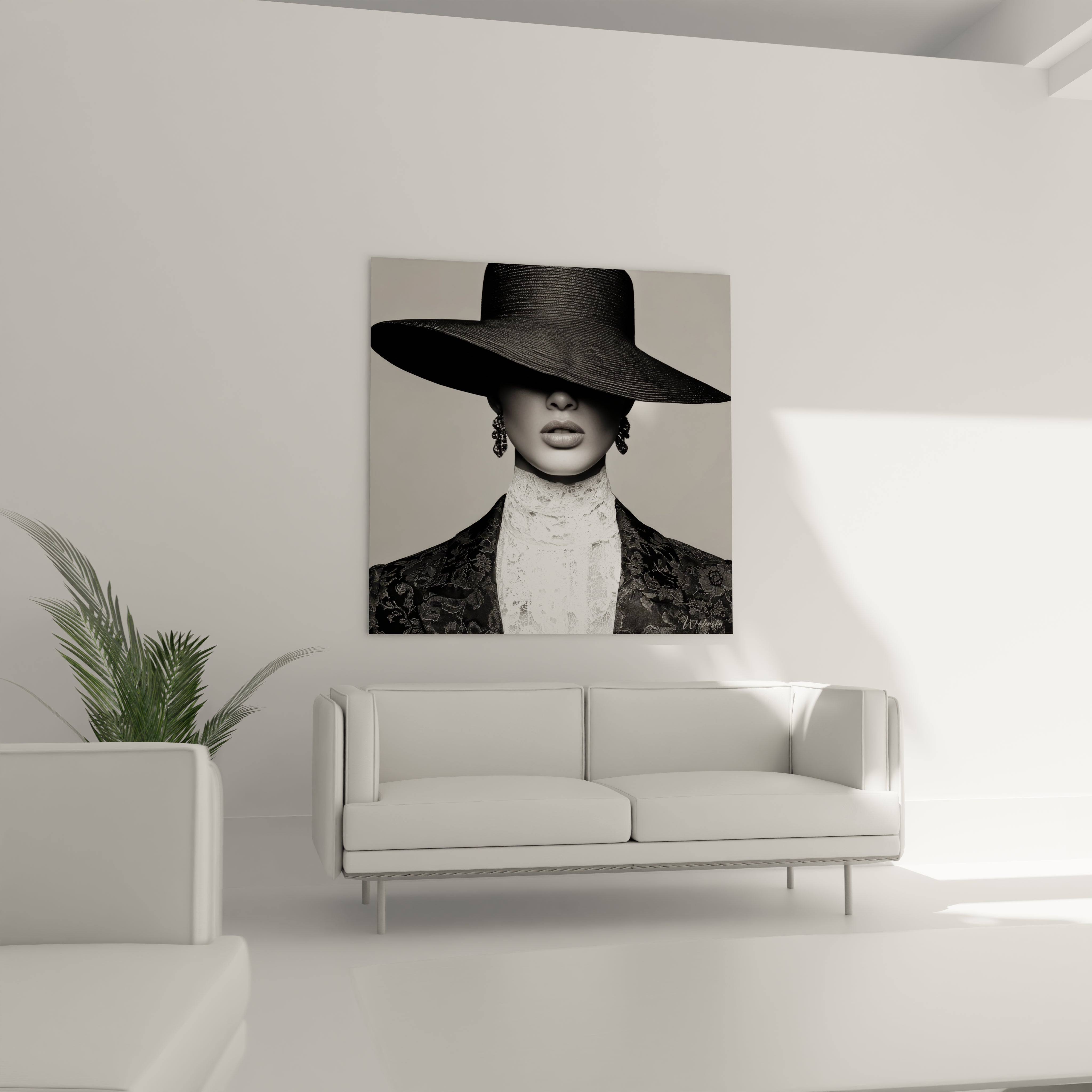 Tableau mode vintage noir et blanc représentant une femme élégante au grand chapeau dans un intérieur moderne