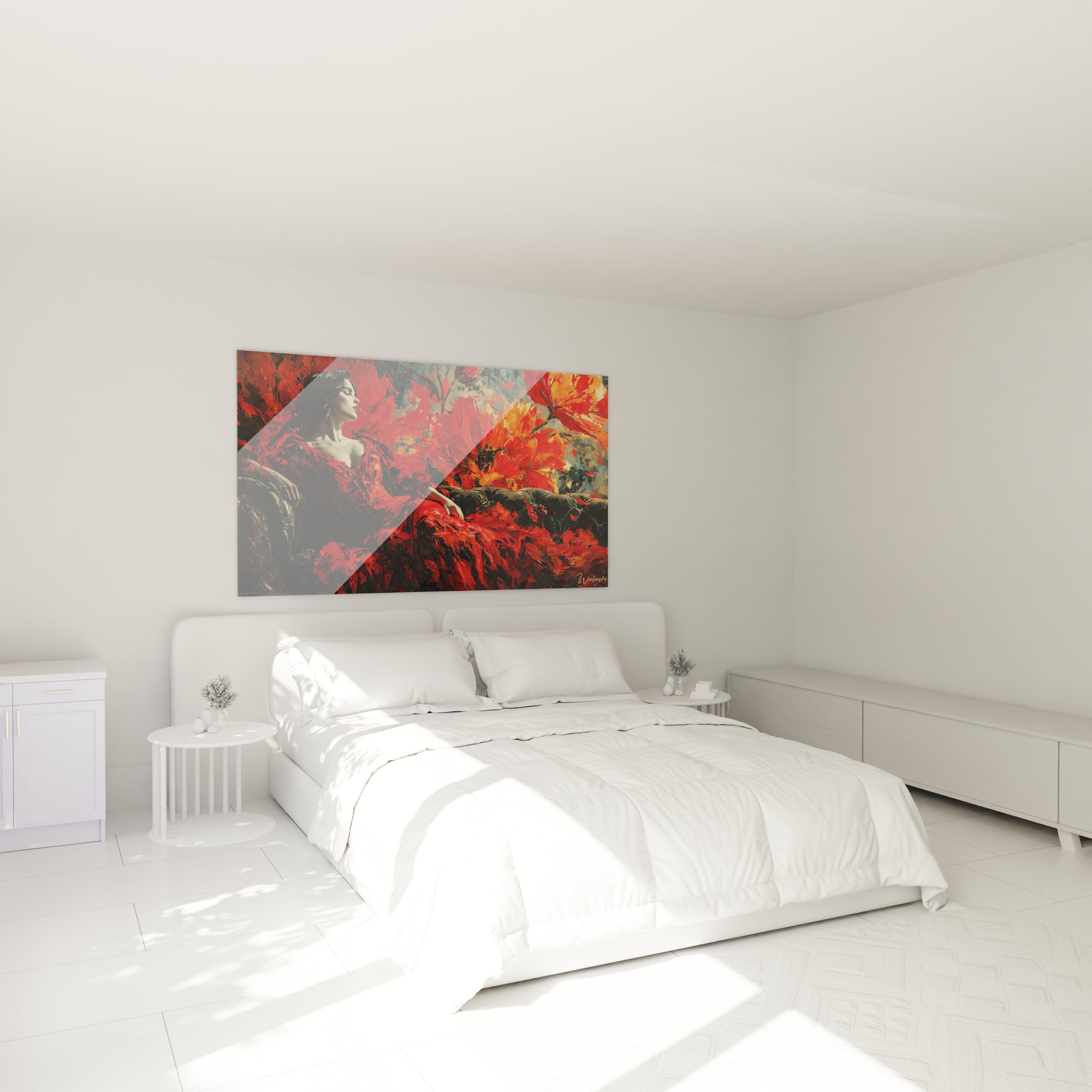 Tableau mural Walensky montrant tableau gothique femme en rouges et verts accroche au dessus d un lit blanc minimaliste