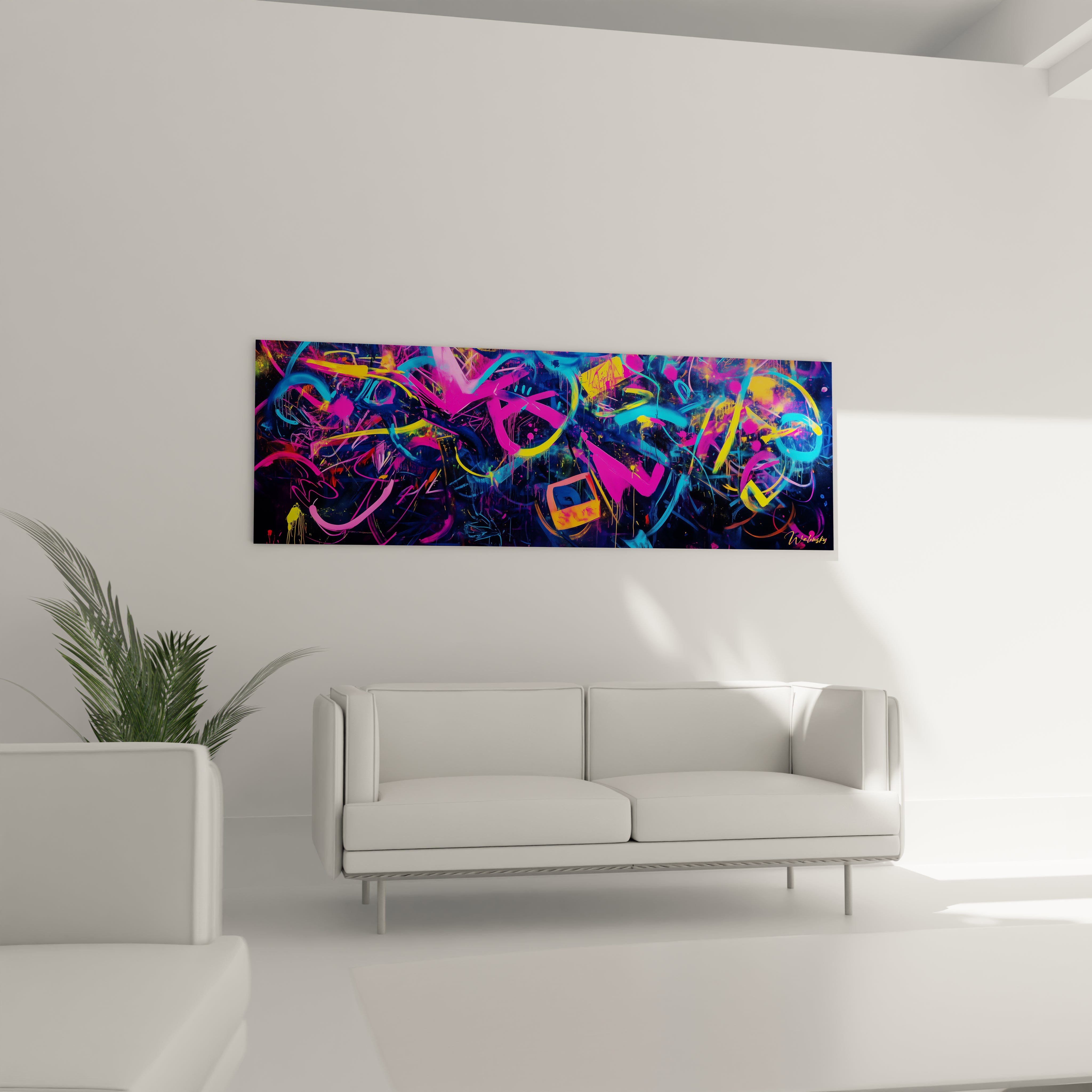 Un tableau graffiti abstrait où s'entrelacent des formes calligraphiques fluides en teintes néon éclatantes - rose, bleu cyan et jaune - sur un arrière-plan noir intense, créant une composition horizontale dynamique aux multiples couches superposées.
