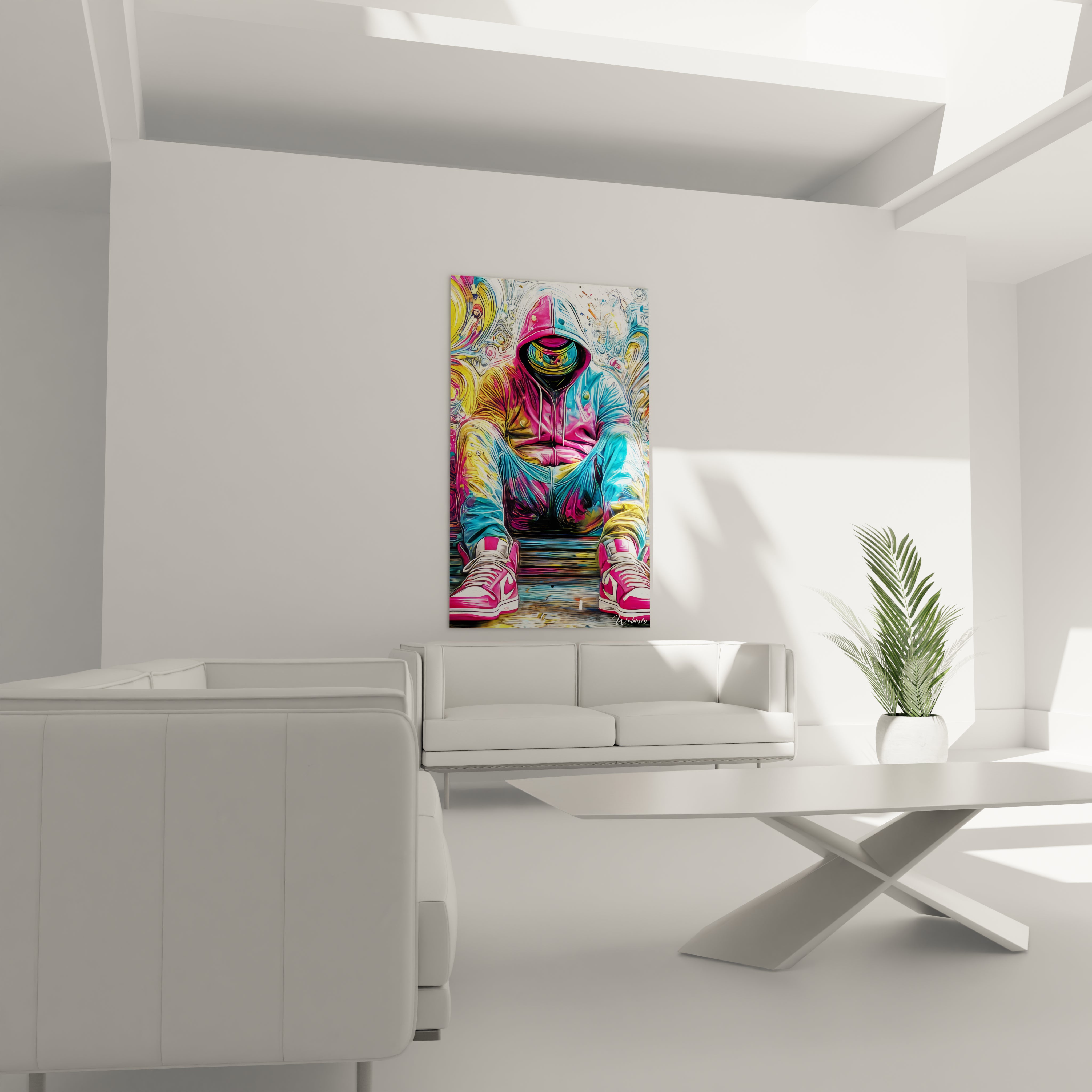 Tableau mural streetwear moderne avec un art coloré représentant un personnage en vêtements urbains