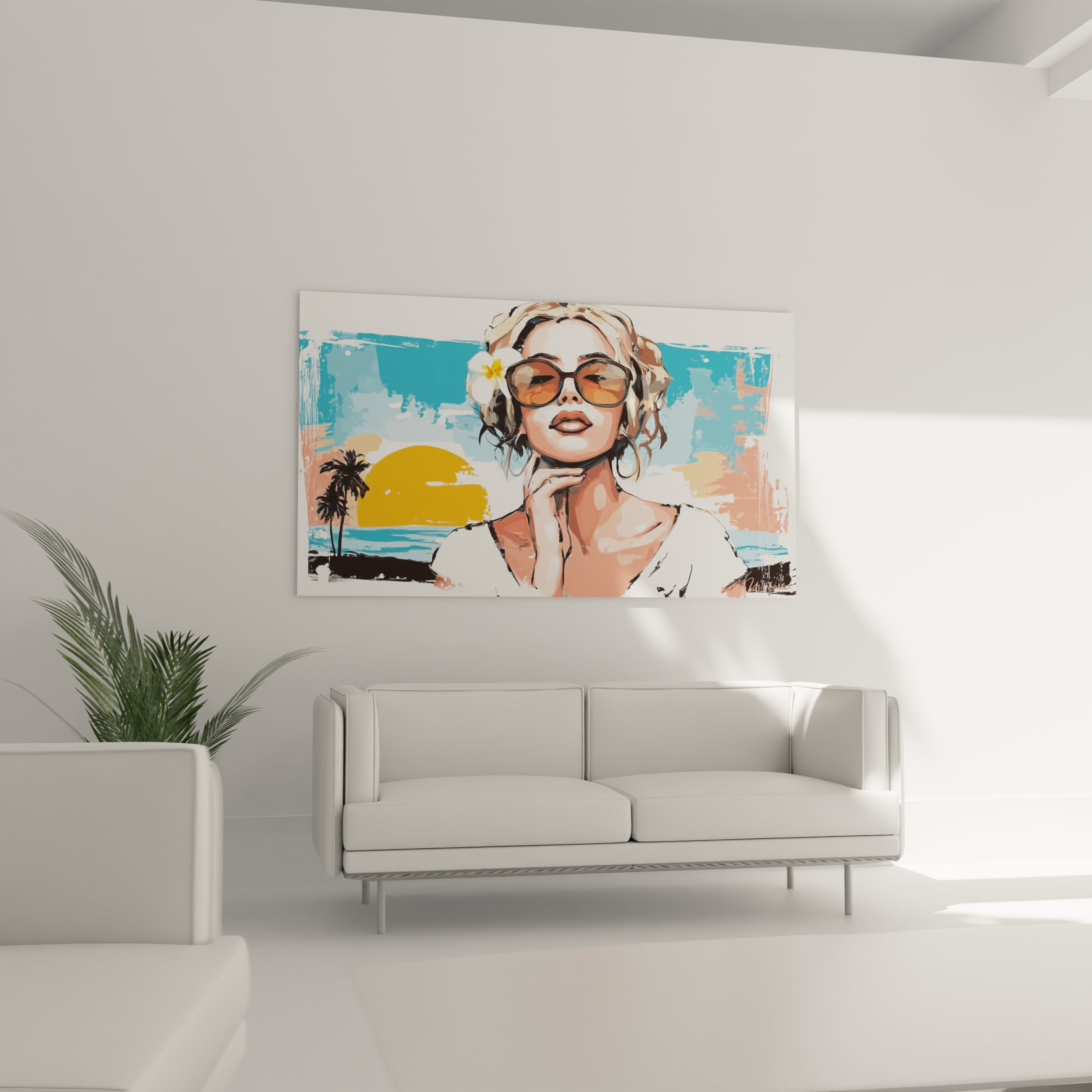 Tableau femme glamour Walensky style pop art plage solaire avec femme en lunettes et palmier