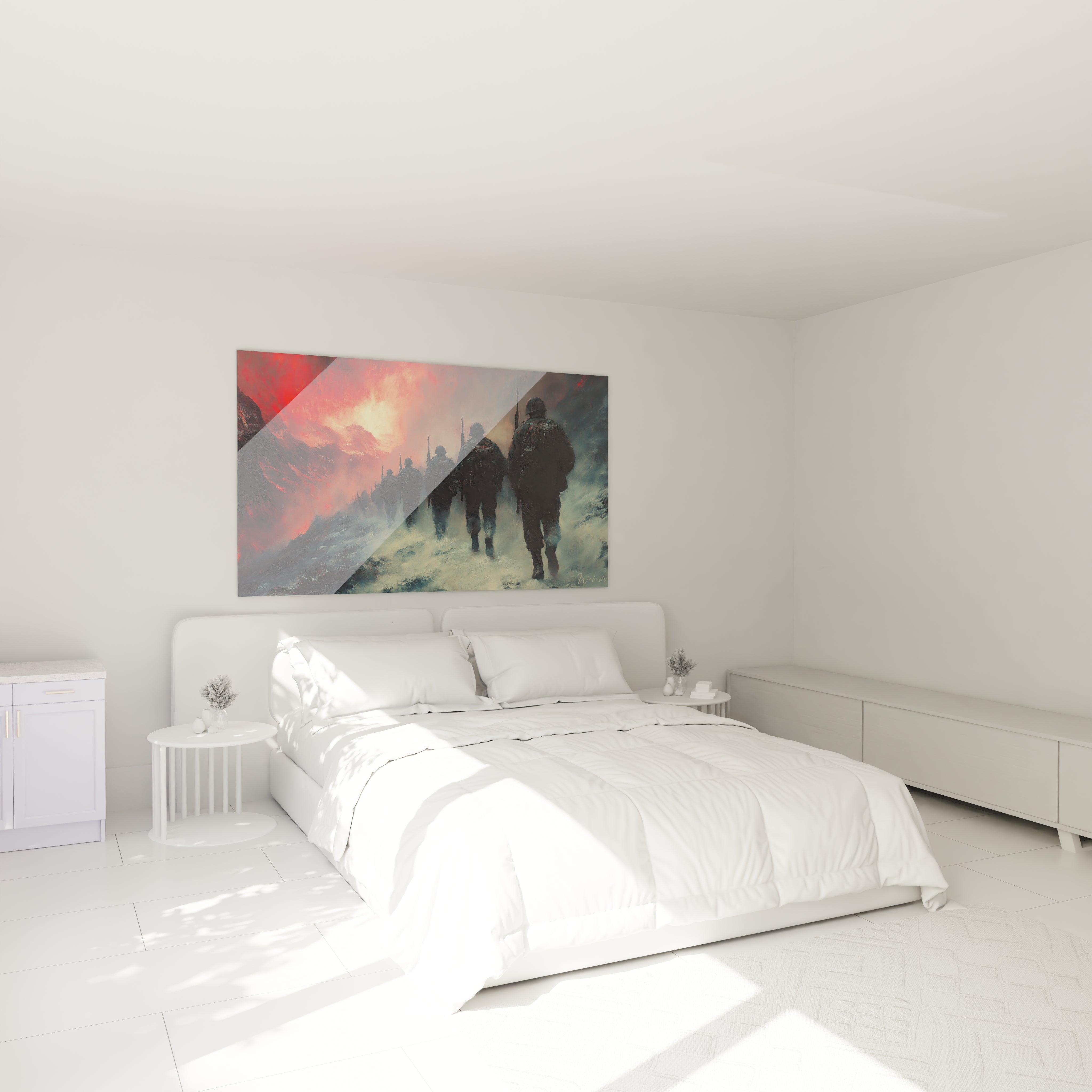 Tableau mural Walensky représentant des soldats en marche tableau soldats seconde guerre mondiale sur fond dramatique pour chambre