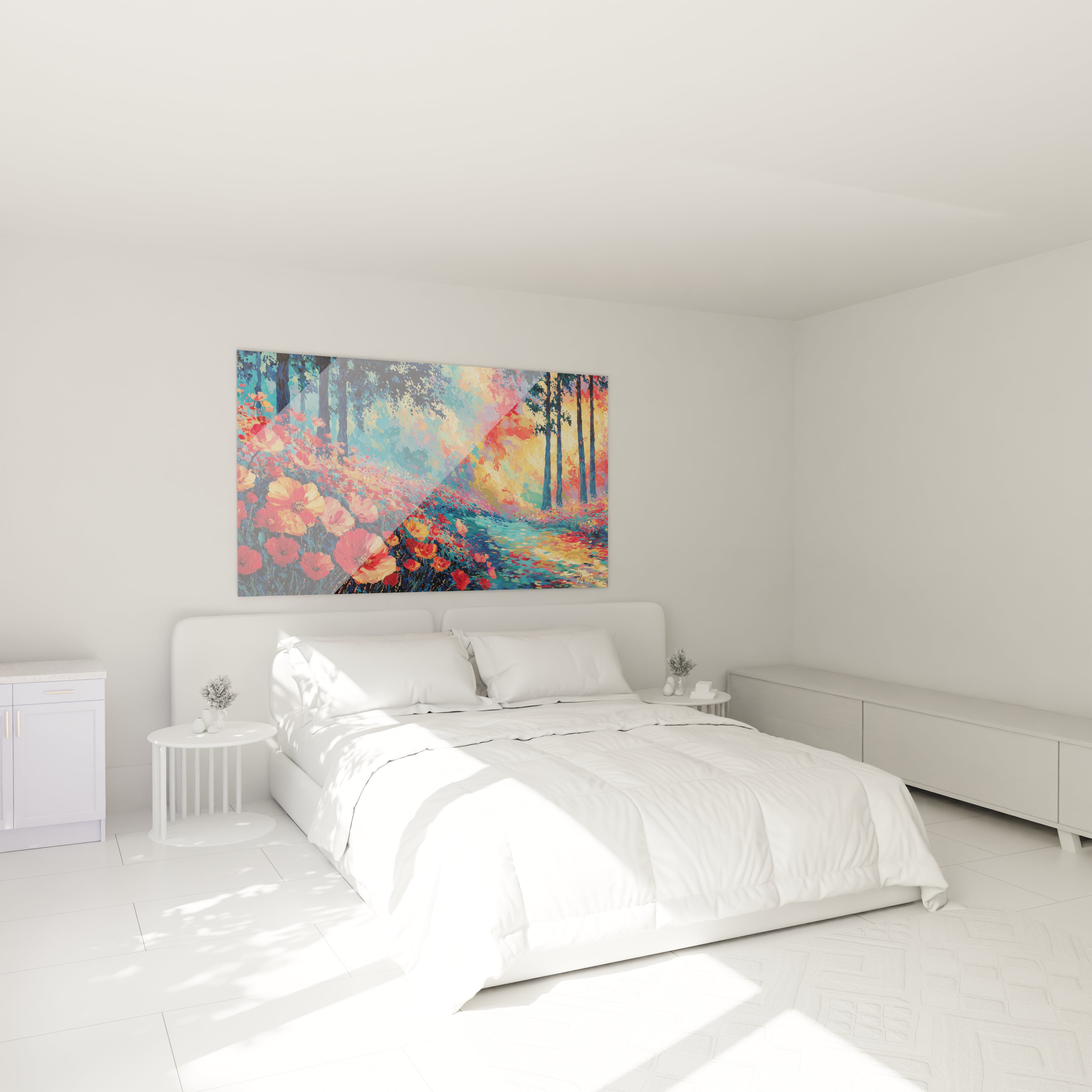 Tableau mural Walensky avec tableau paysage forestier pointillisme coloré accroché au dessus d un lit blanc minimaliste