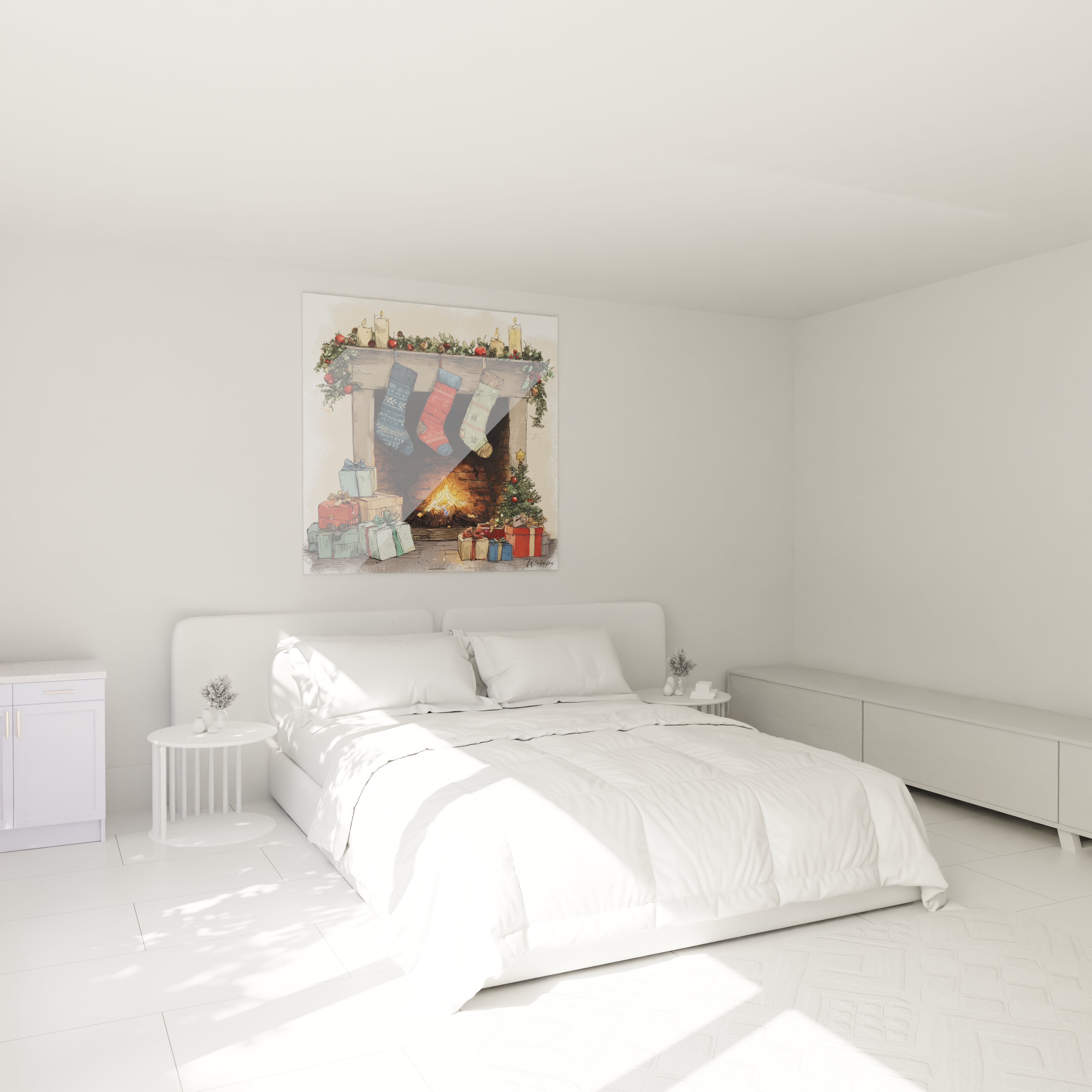 Tableau cheminée Noël de Walensky avec un décor festif sur un mur dans une chambre moderne