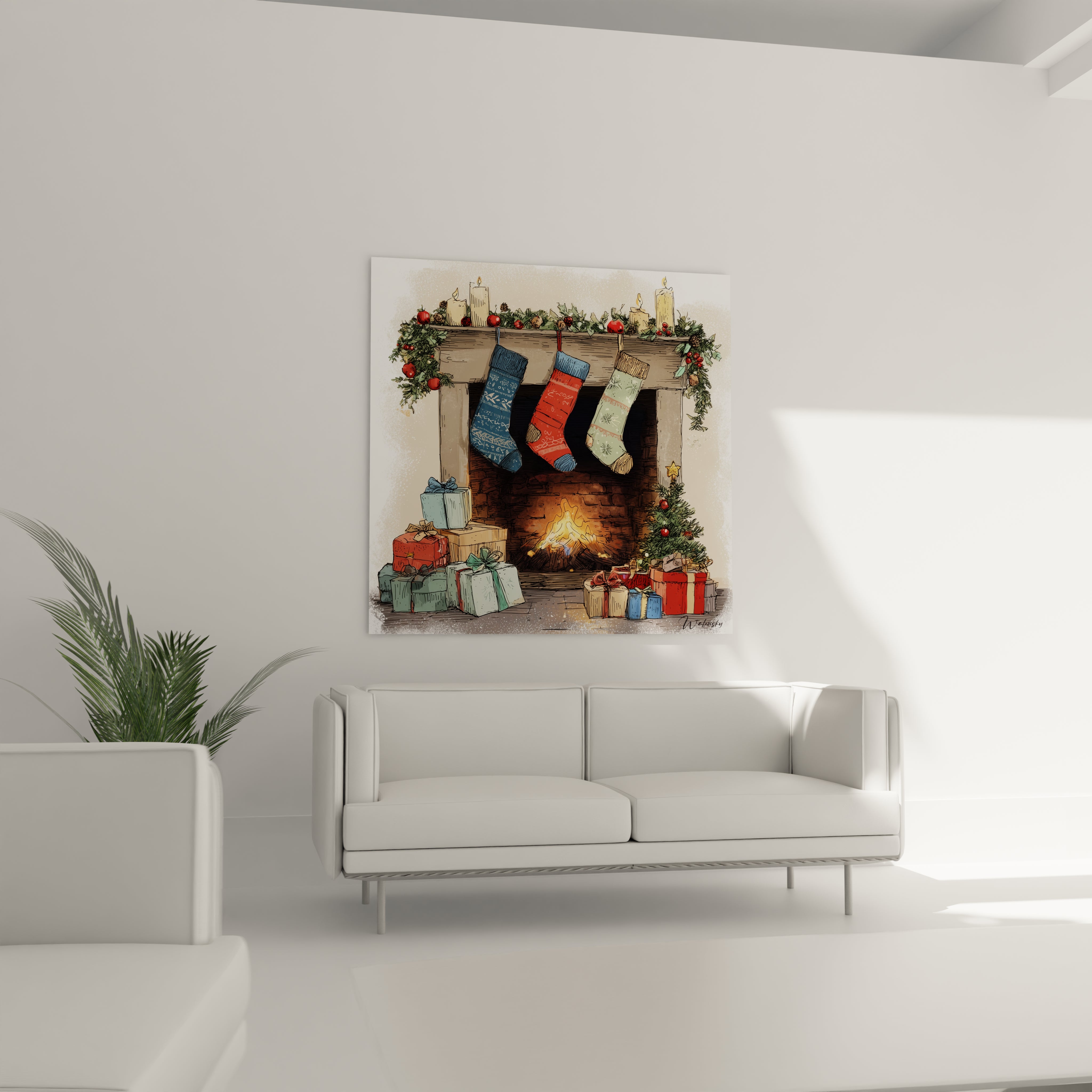 Tableau cheminée Noël avec feu de cheminée et cadeaux festifs pour une ambiance chaleureuse