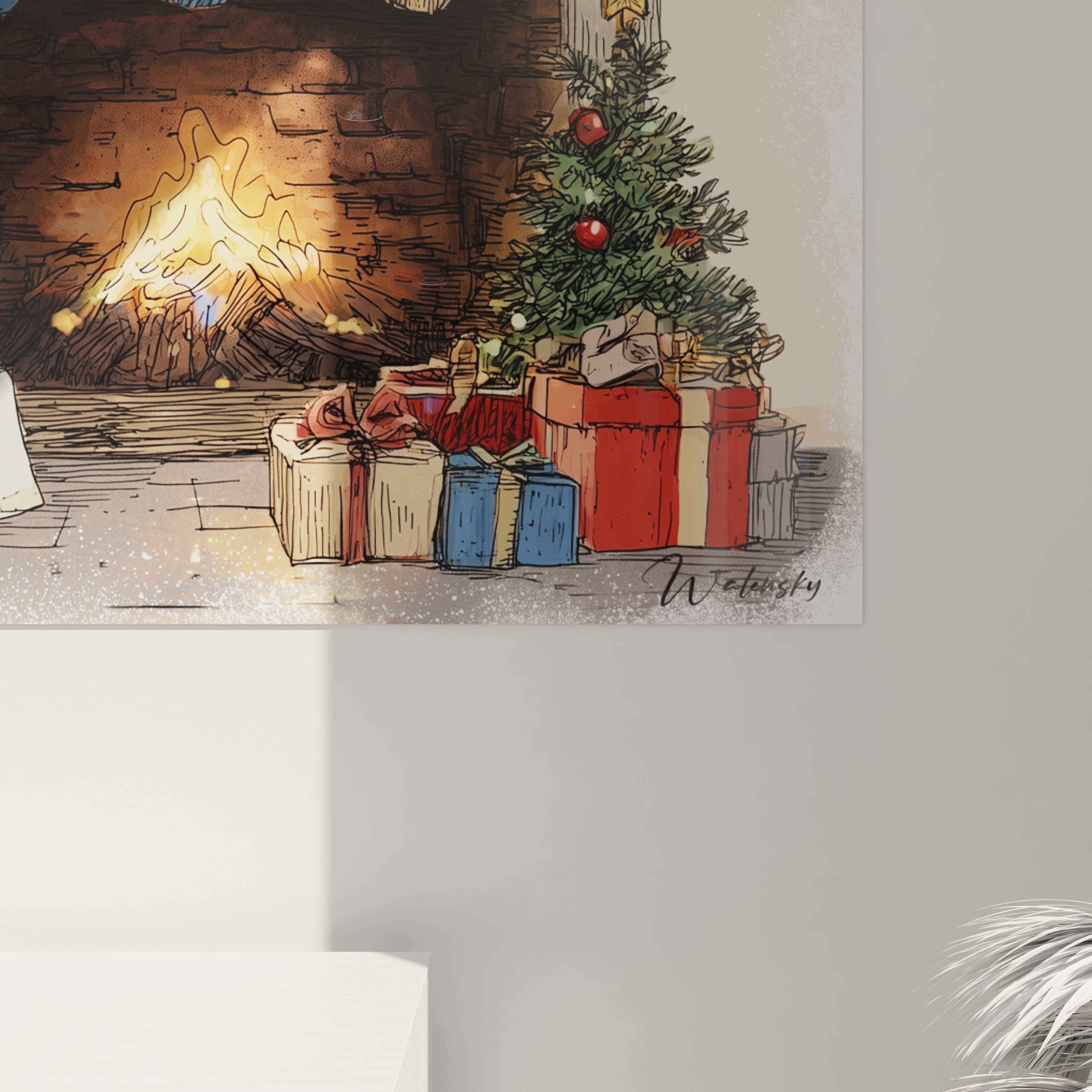 Tableau cheminée Noël avec un feu de bois, un sapin décoré et des cadeaux colorés