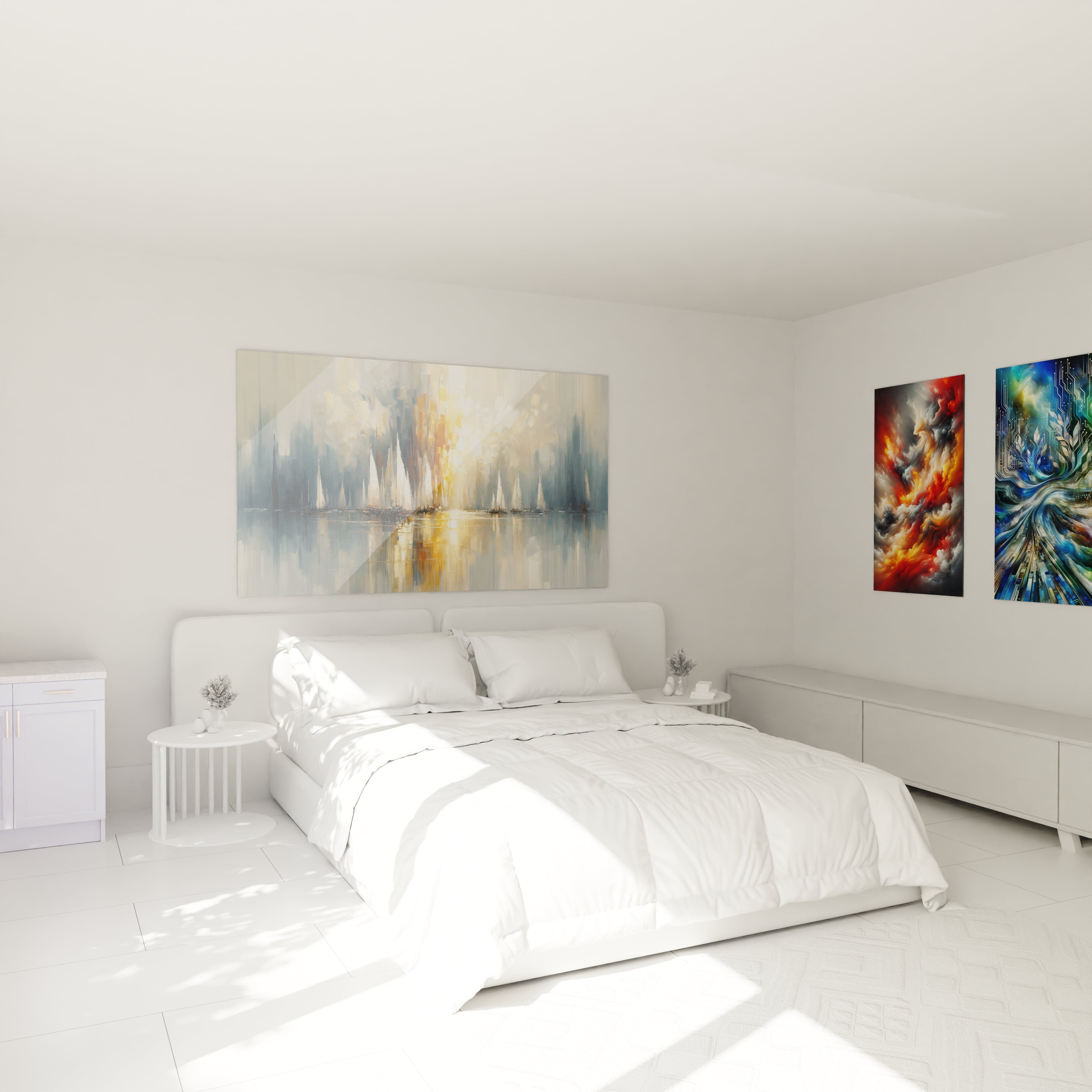 tableau bateau abstrait accroche au mur dans une chambre ambiance apaisante tons bleutes blancs et dores reflets evoquant la lumiere douce de la mer ideal pour creer une atmosphere relaxante

