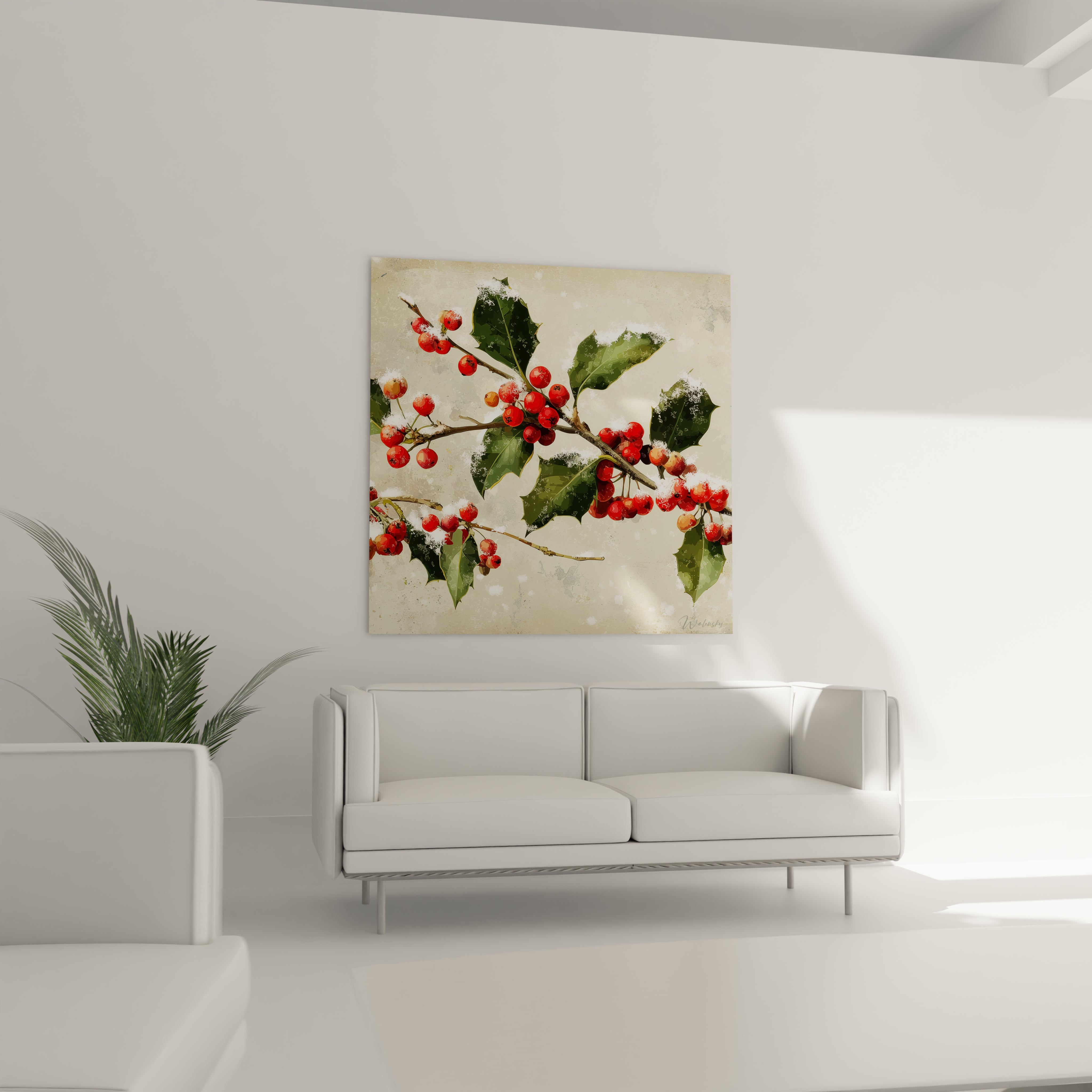 Tableau mural houx édition Noël avec des baies rouges sur fond clair, parfait pour la décoration festive