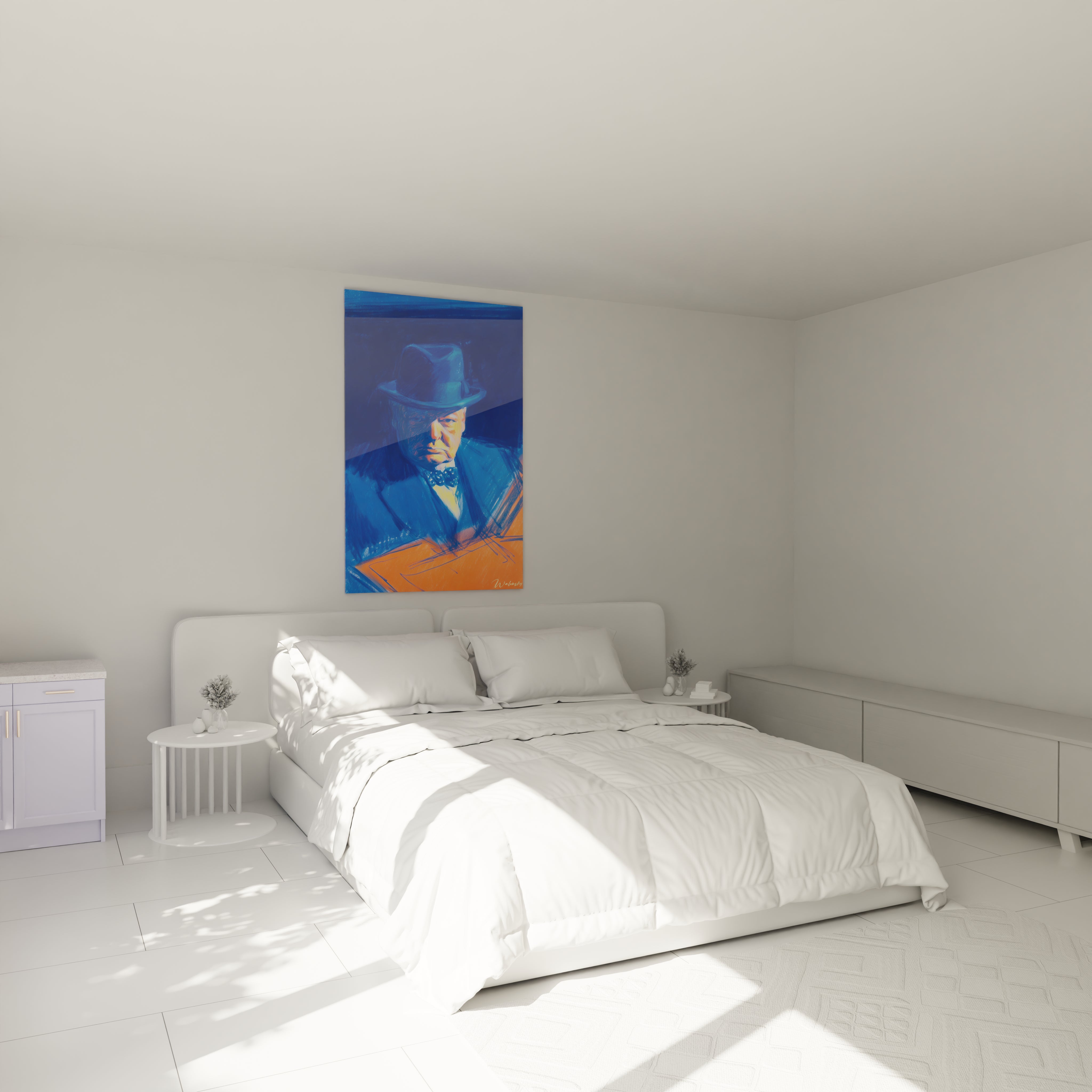 tableau Winston Churchill bleu Walensky accroché au dessus de la tête de lit blanc moderne dans une chambre minimaliste