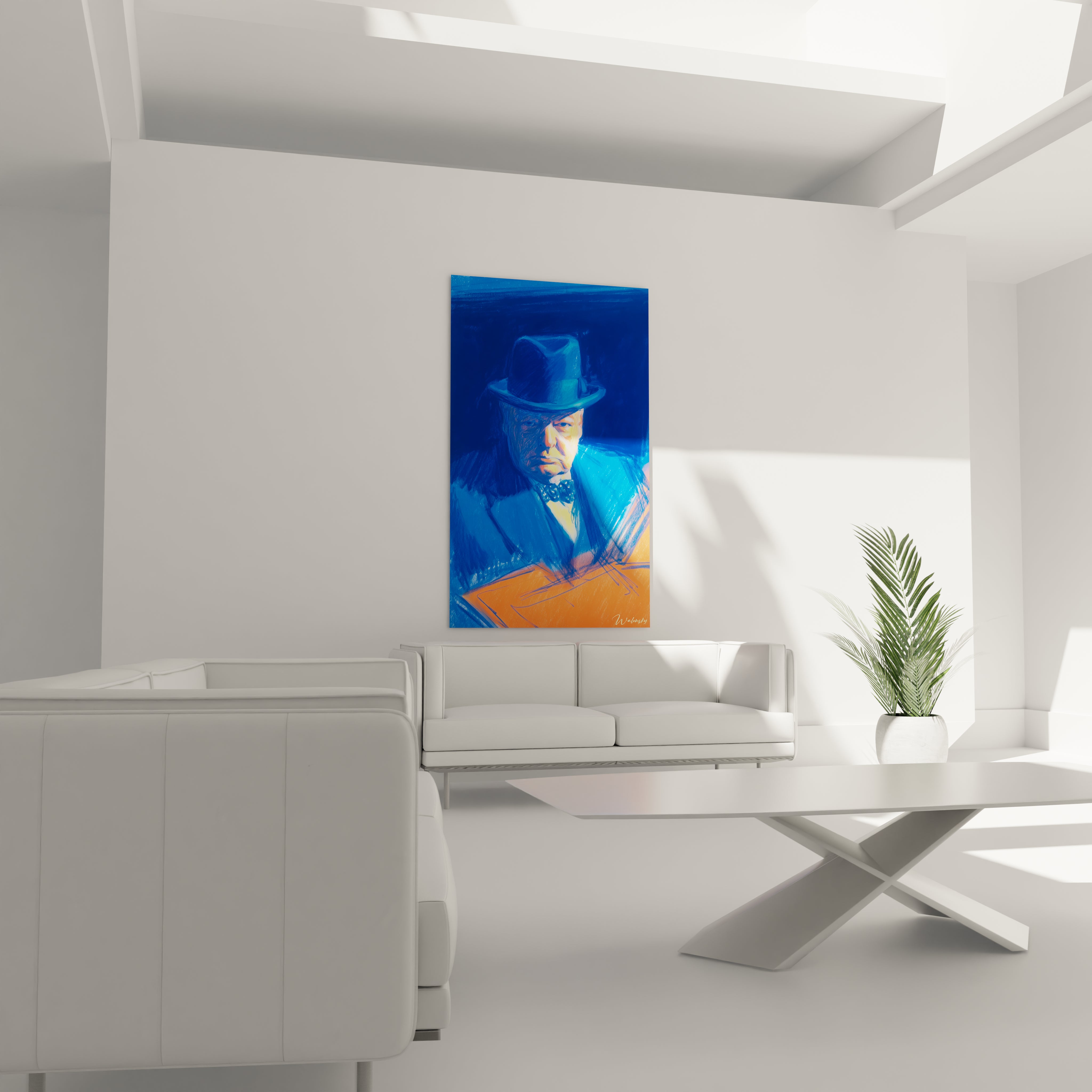 Tableau mural Walensky tableau Winston Churchill bleu portrait stylise en bleu et orange grand format pour salon moderne