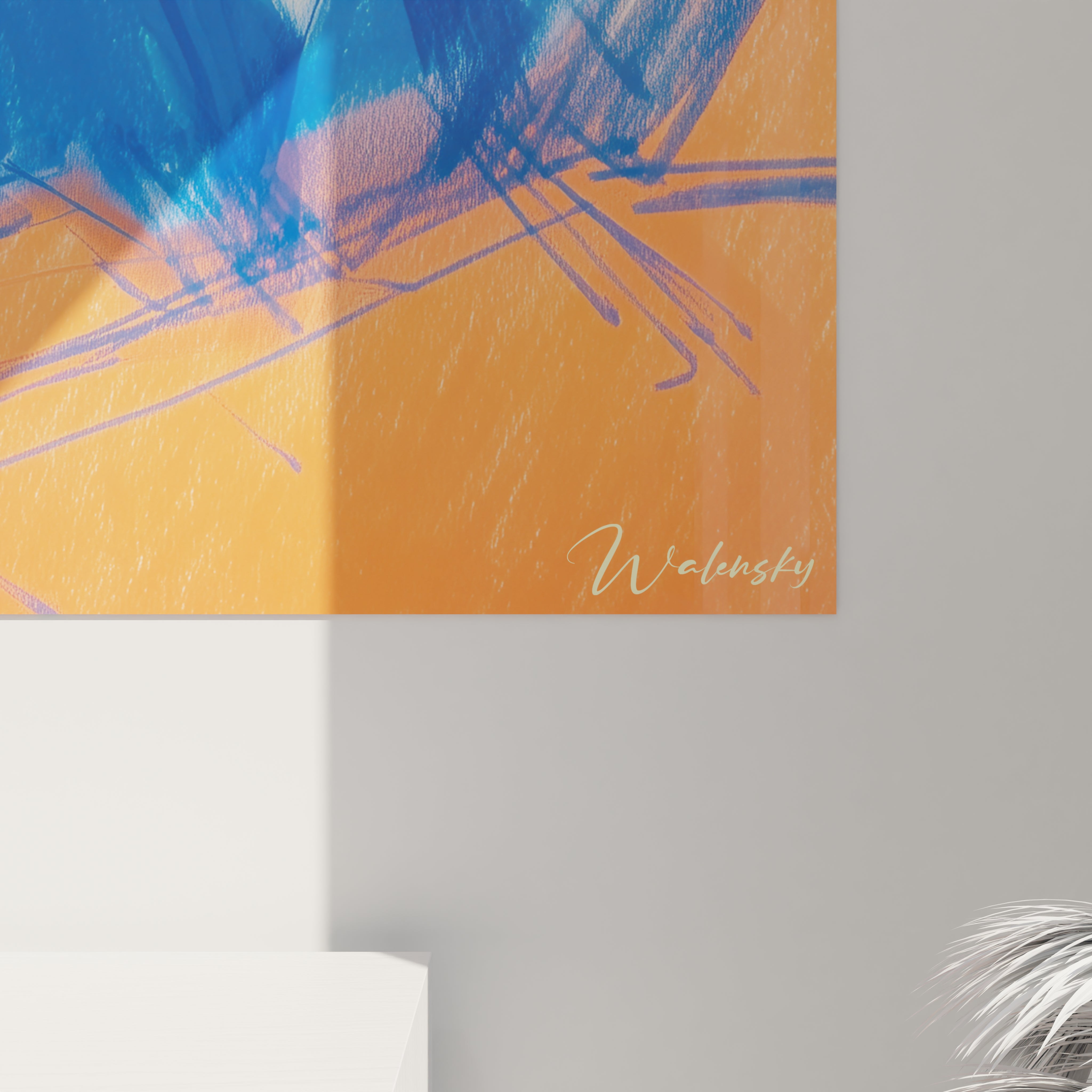 tableau Winston Churchill bleu mural abstrait avec coups de pinceau bleus sur fond orange signé Walensky