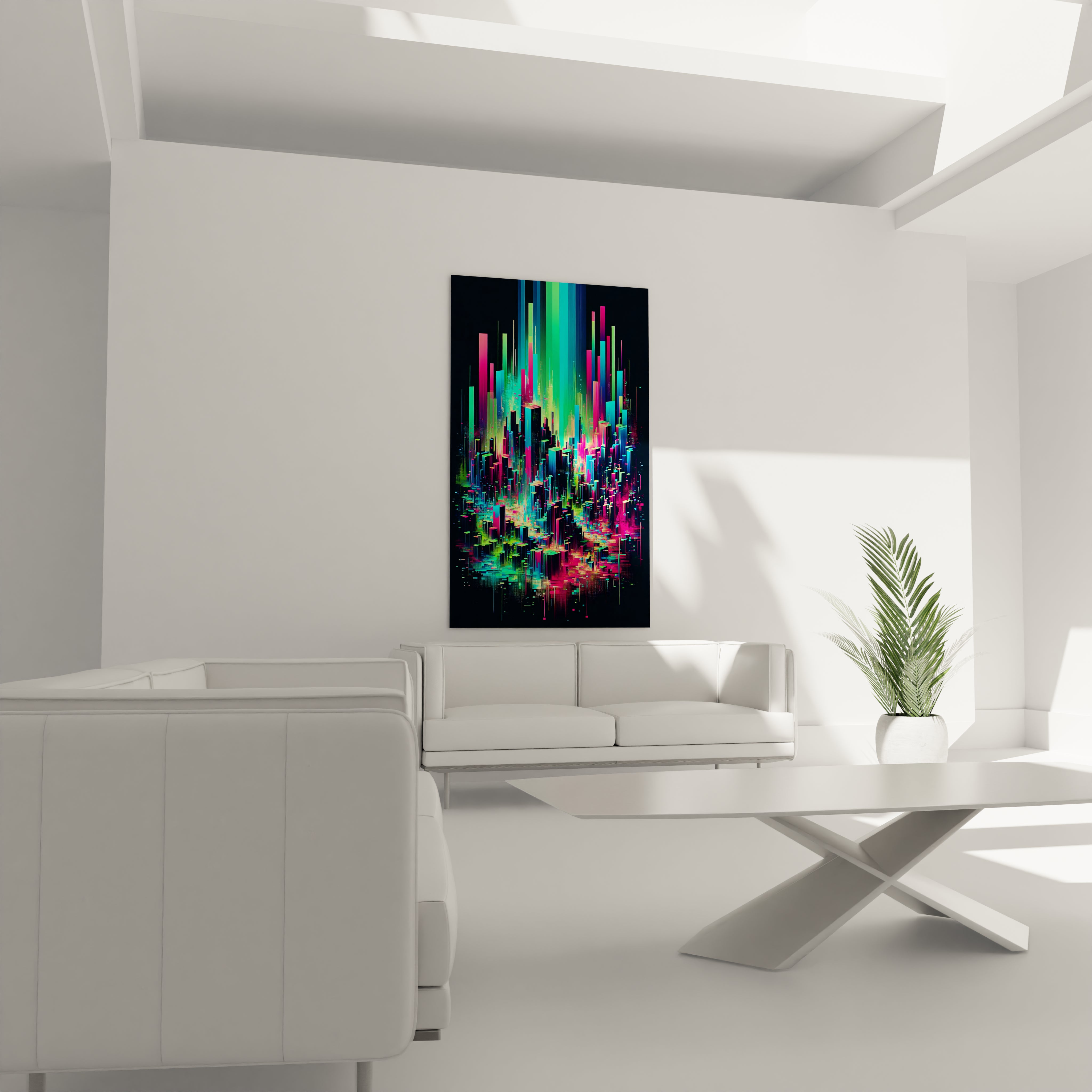 Œuvre d'art abstraite sur verre acrylique illustrant une métropole digitale, idéale pour une décoration moderne et dynamique.