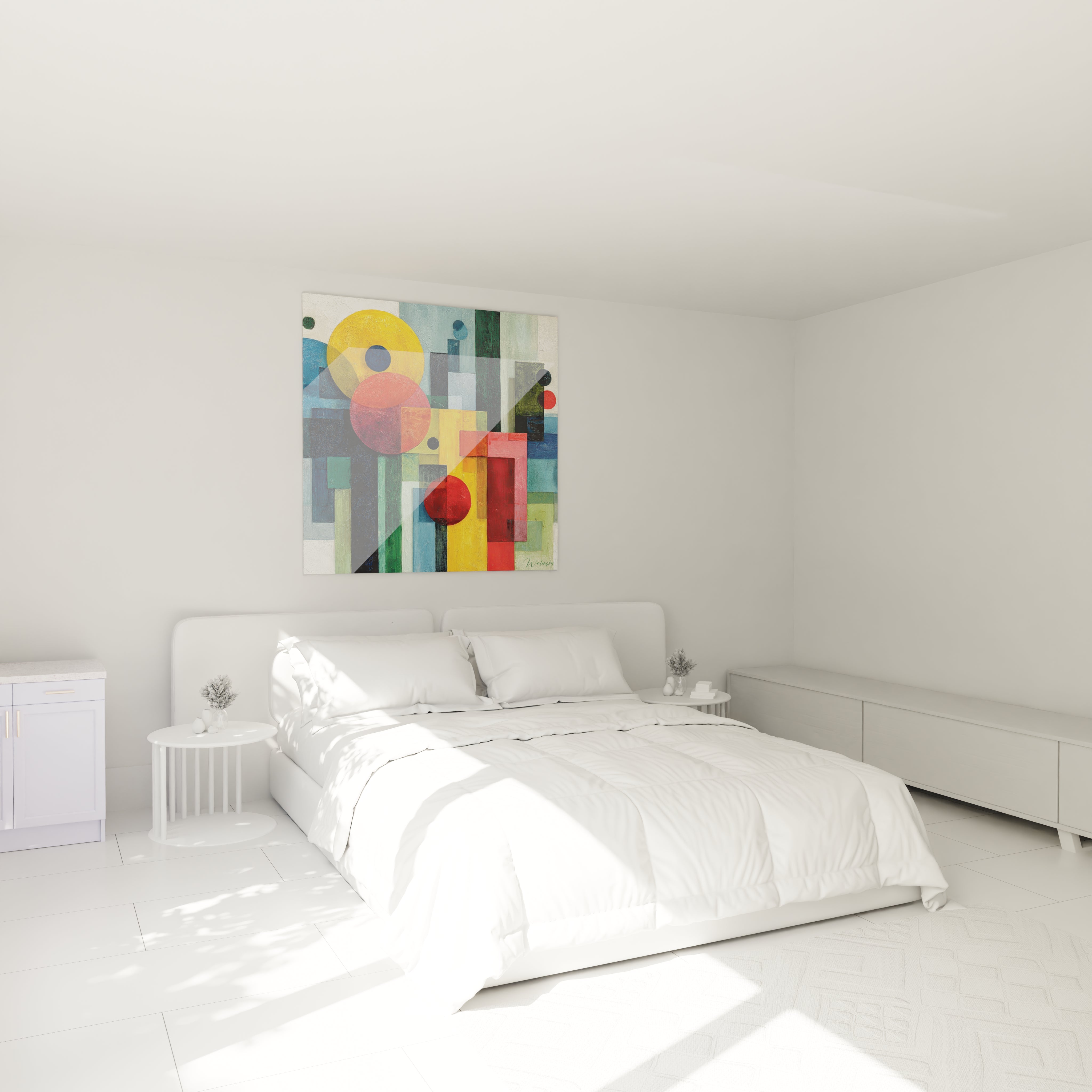 tableau formes géométriques Bauhaus de Walensky accroché au dessus du lit blanc minimaliste dans une chambre lumineuse