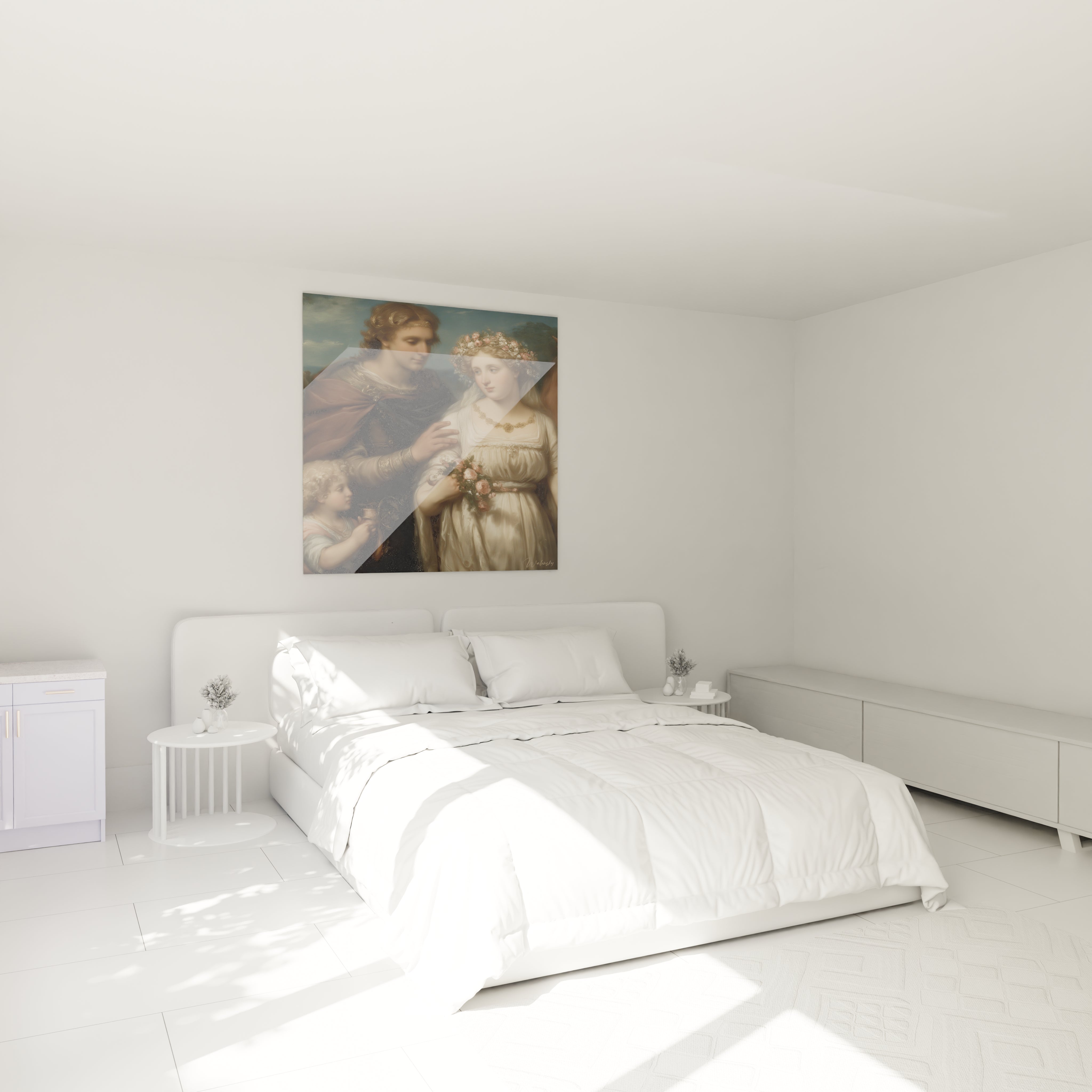 tableau néo classique couple Walensky accroché au dessus du lit blanc dans une chambre minimaliste et lumineuse