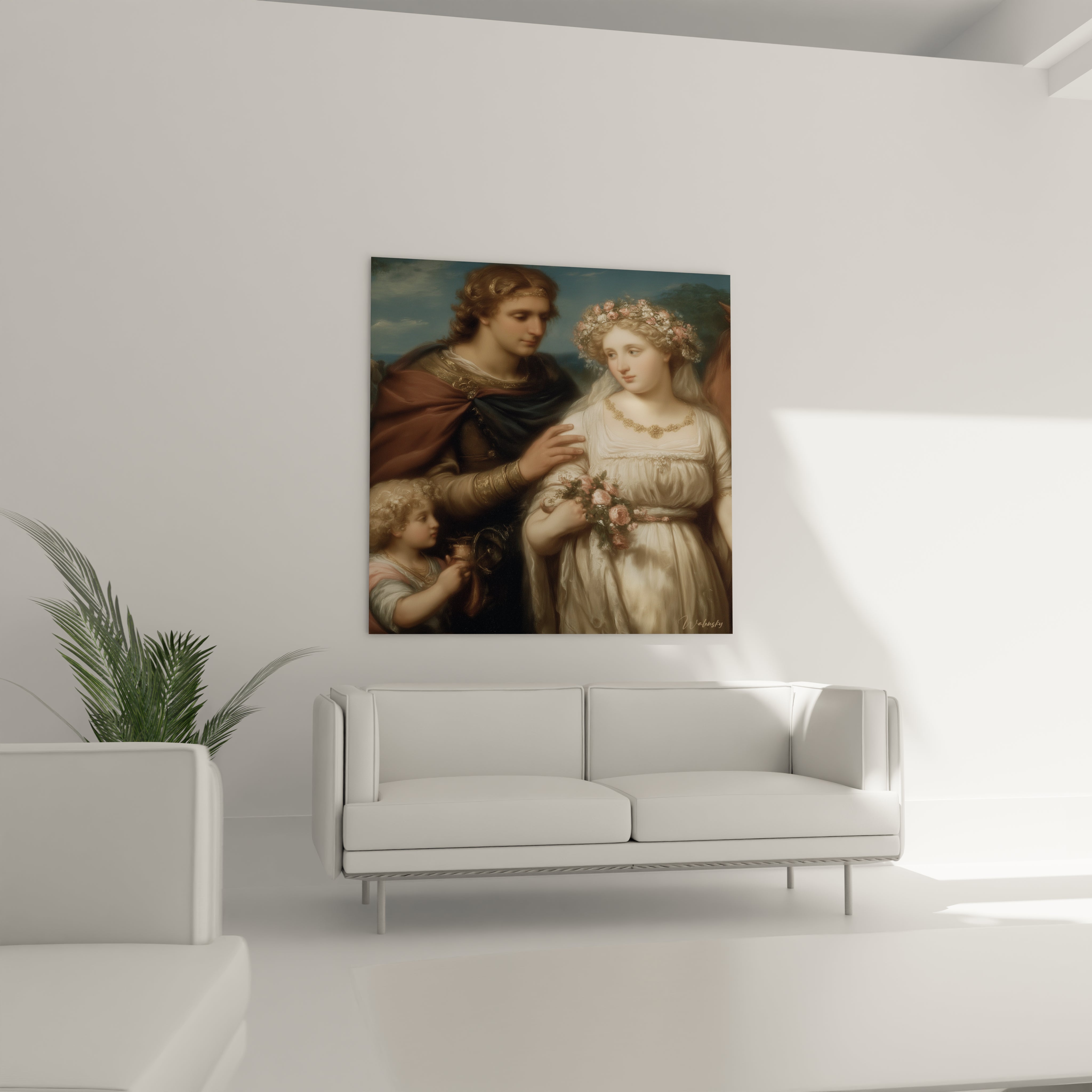 tableau néo classique couple Walensky couple et enfant femme en robe blanche avec couronne de fleurs au dessus d un canapé