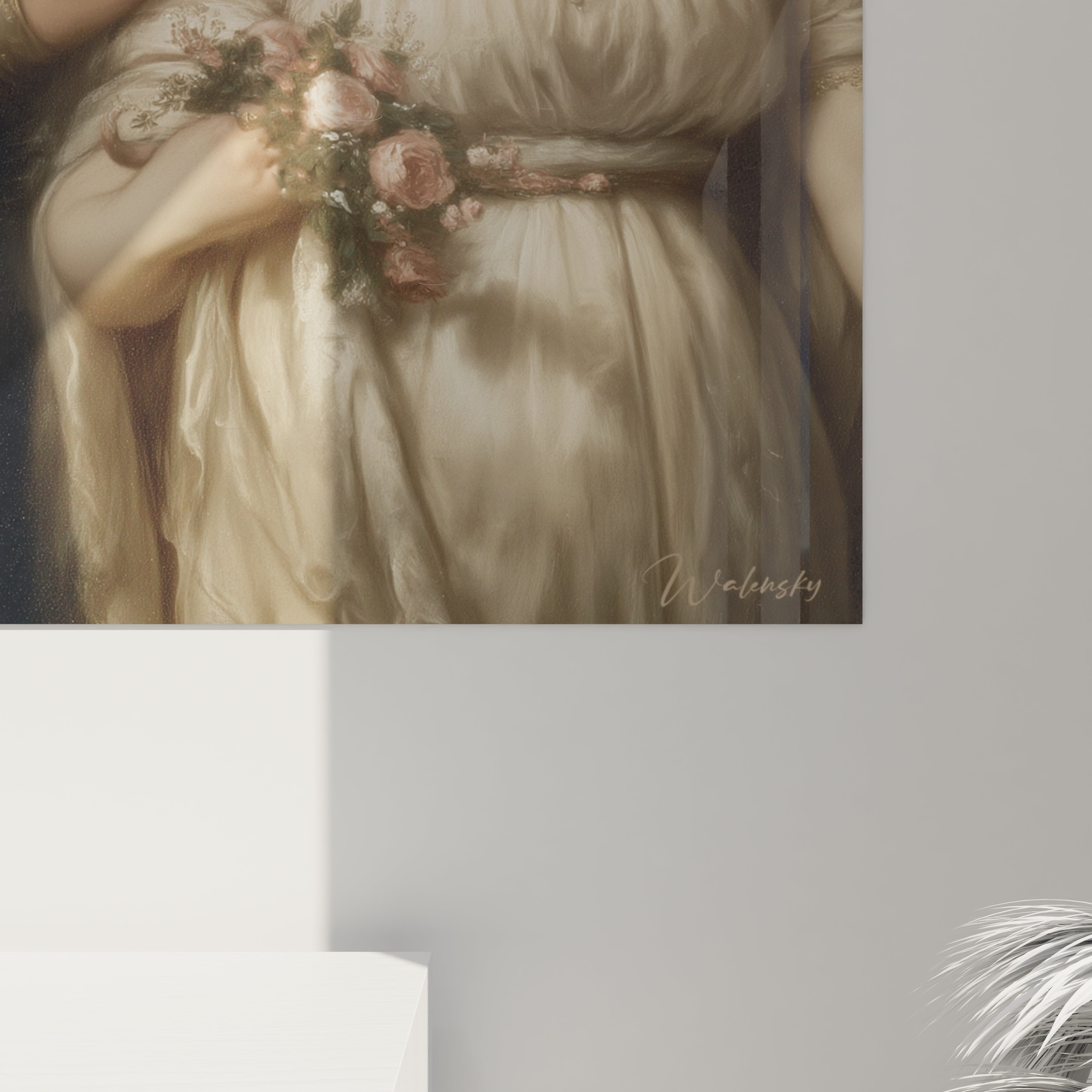 Walensky tableau néo classique couple toile murale femme en robe empire tenant bouquet de roses