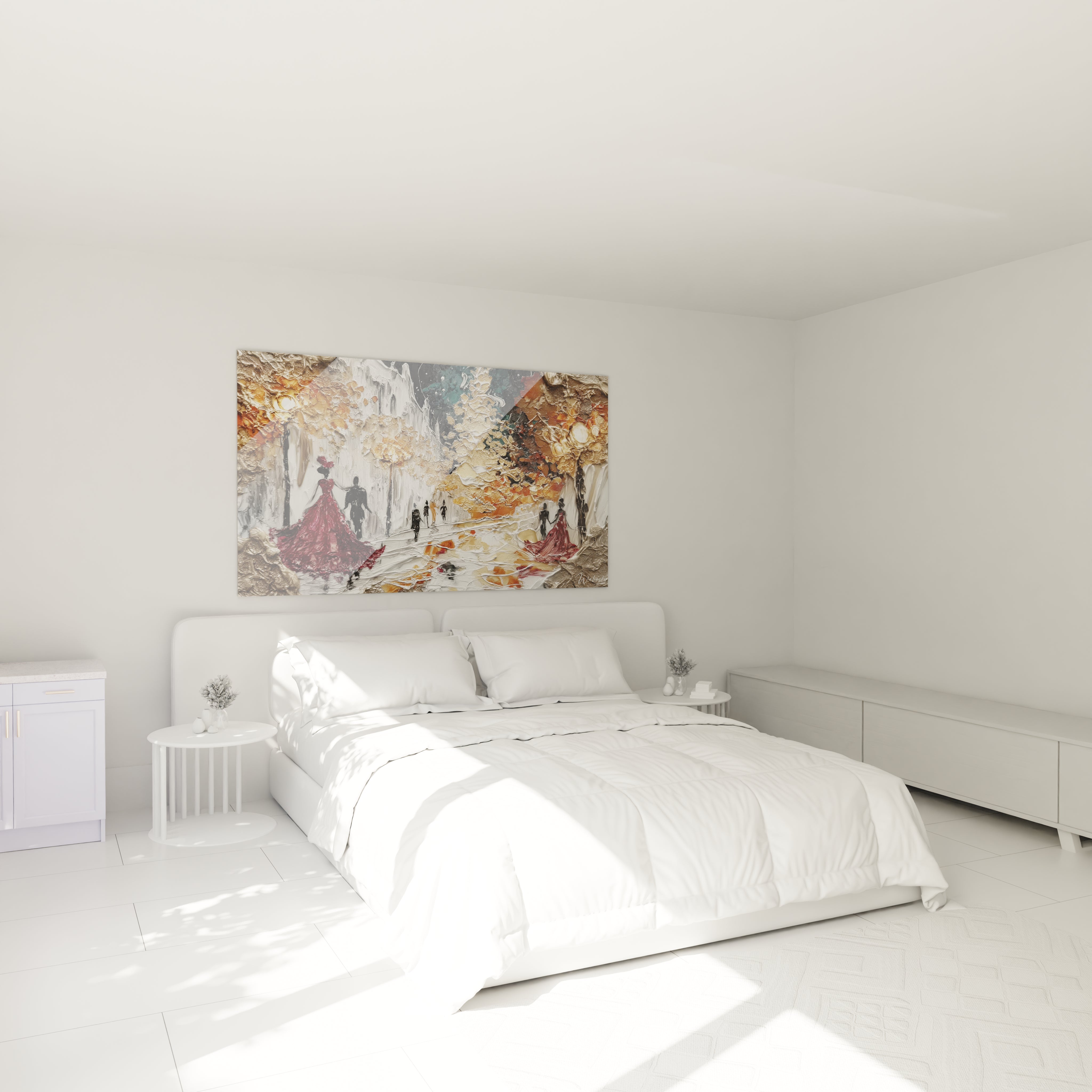 Tableau couple Noël flocons dorés décorant un intérieur moderne avec lit et mobilier minimaliste