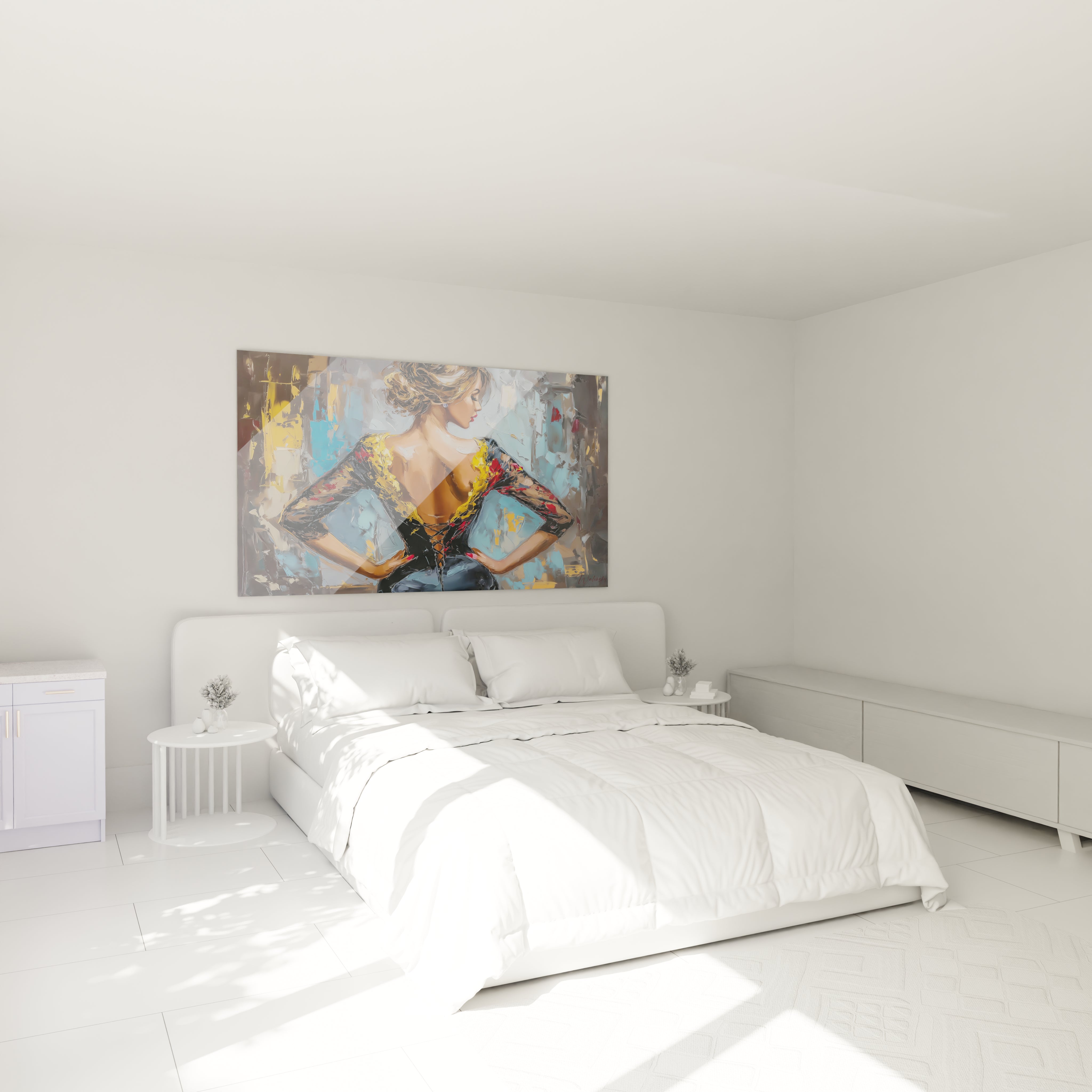Tableau femme élégante de Walensky accroché au mur dans une chambre lumineuse et moderne