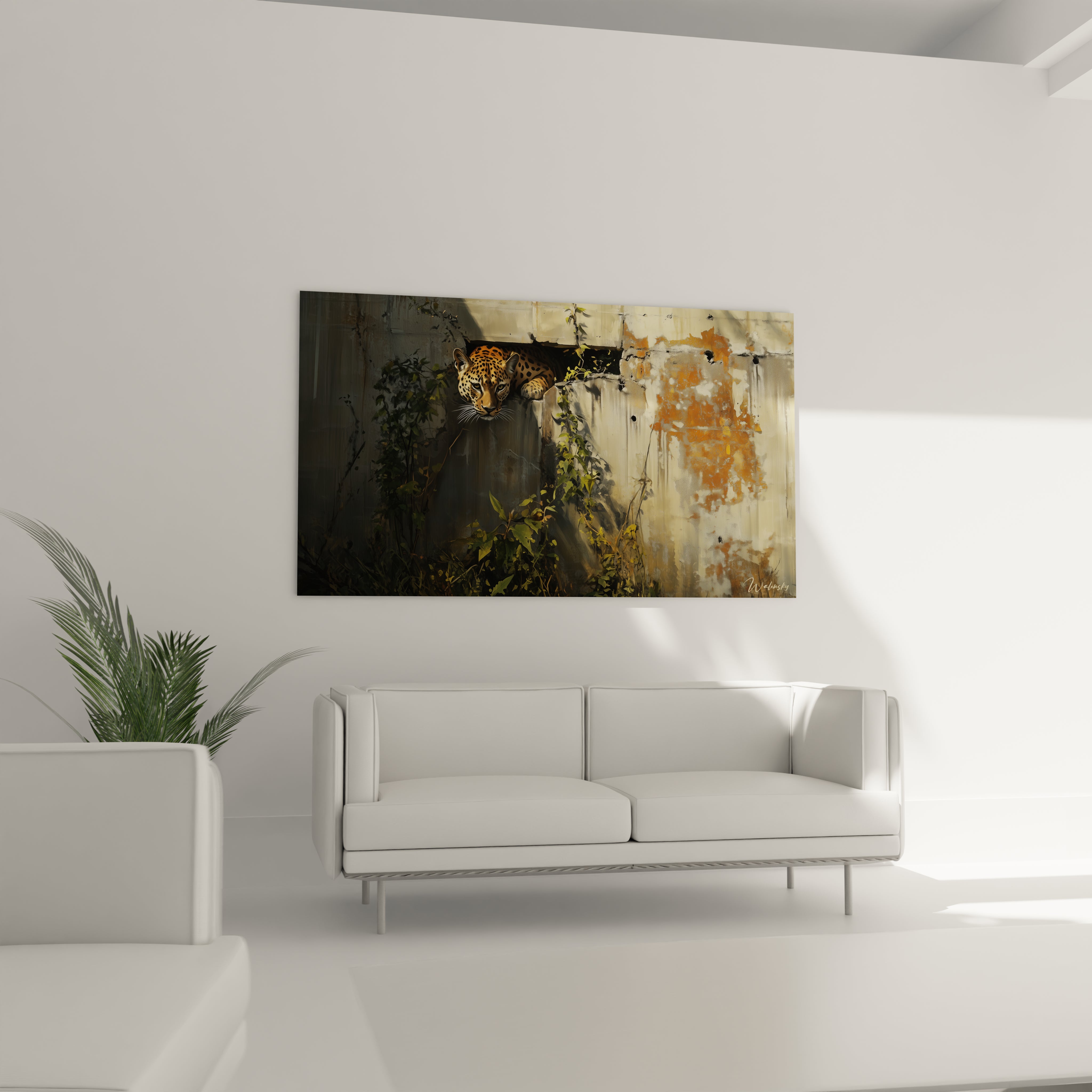 Un tableau félin montrant un léopard surgissant d'un mur aux textures craquelées beiges et orangées, entouré de végétation verte grimpante, où le réalisme des taches et des moustaches du prédateur se distingue contre le fond abstrait et vieilli.
