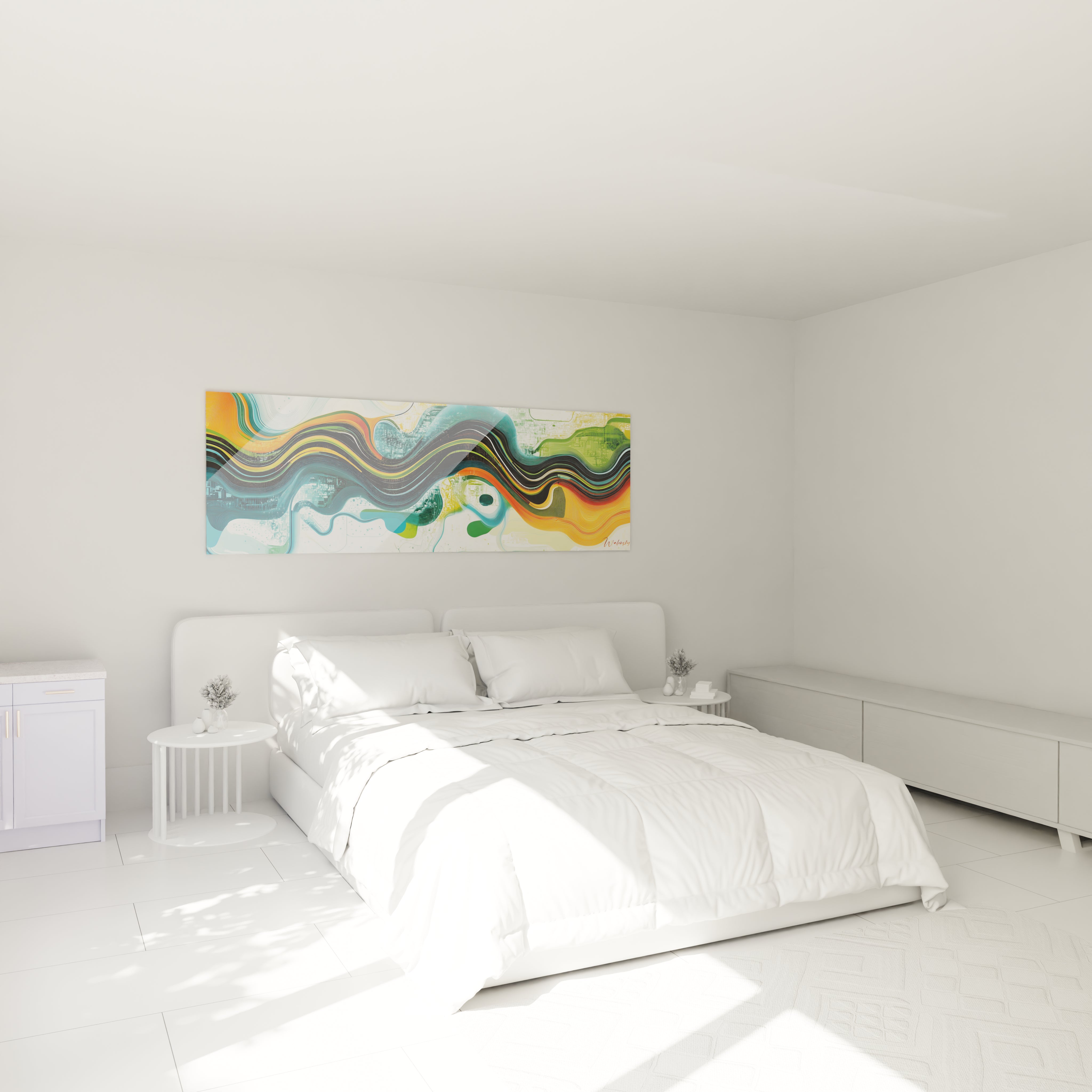 Tableau vagues abstraites aux lignes ondulantes entrecroisées, mêlant bleu profond, orange éclatant et vert vibrant, avec une composition horizontale panoramique et des couches superposées créant un effet de flux dynamique.
