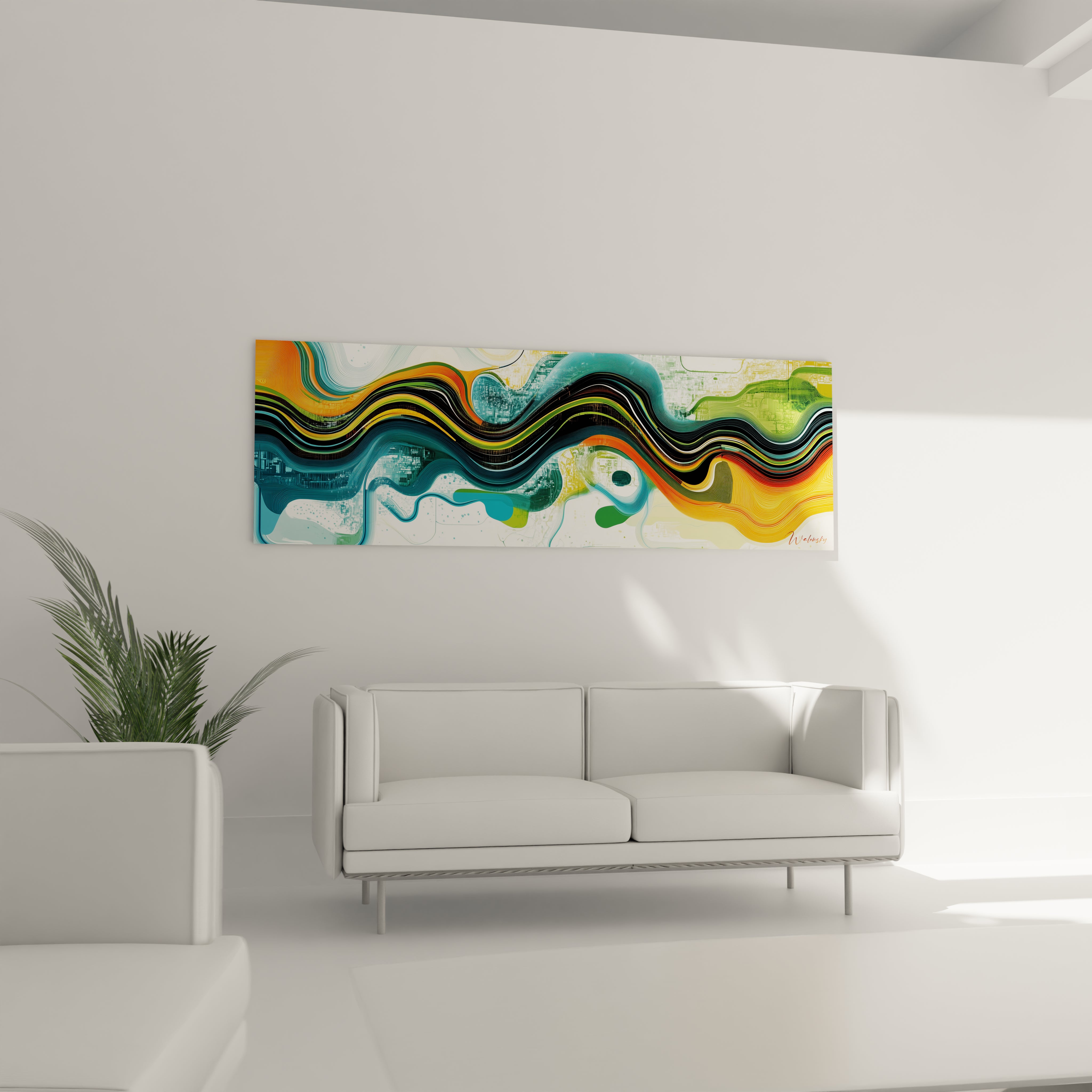 Tableau fluide présentant des vagues colorées en mouvement, dominé par des ondulations de bleu turquoise, orange doré et vert émeraude, avec des textures lisses et des transitions graduelles entre des zones transparentes et opaques.
