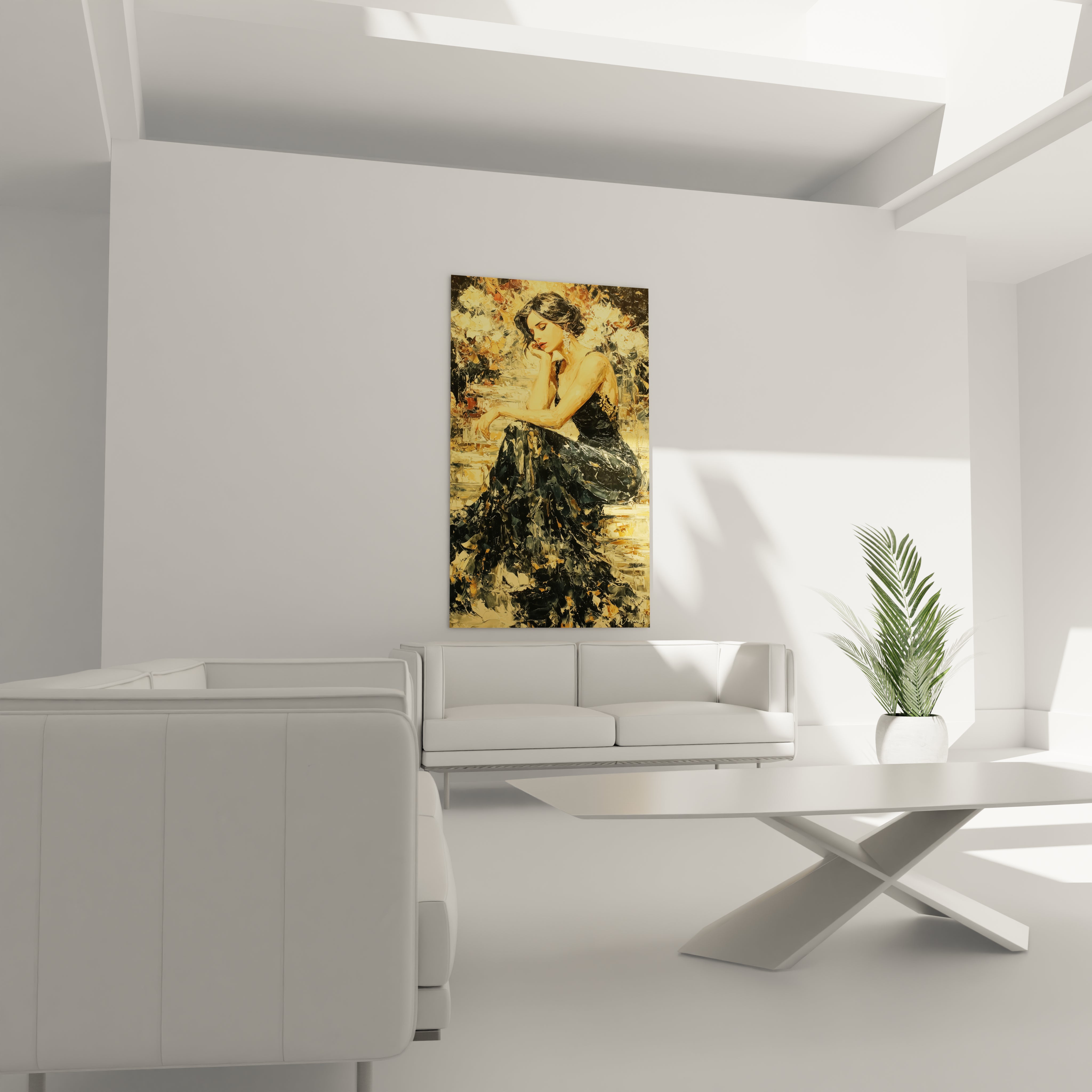 tableau femme gothique mural Walensky accroche au mur d un salon minimaliste blanc avec canape