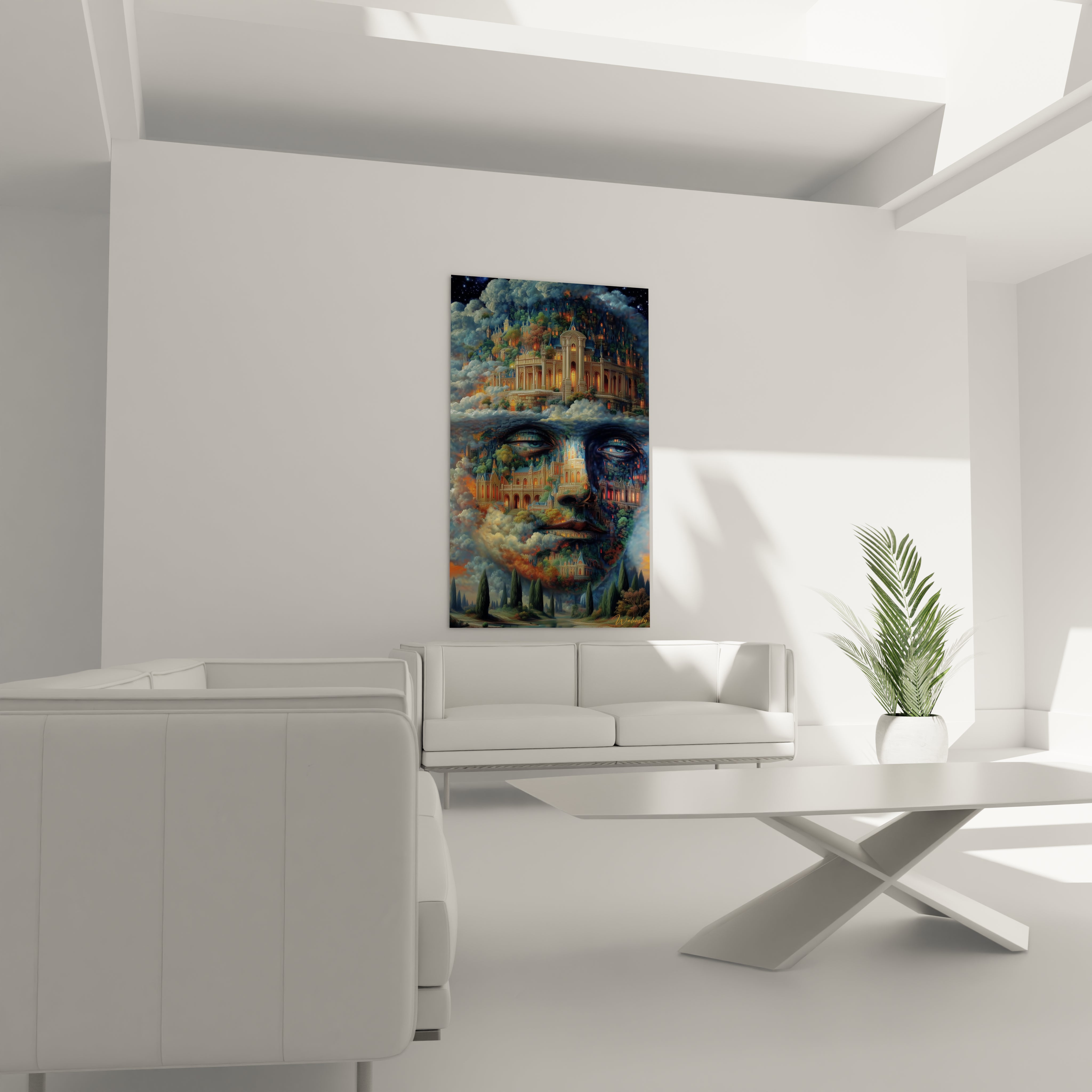 Walensky tableau surréaliste visage palais mural accroché au dessus d'un canapé blanc dans un salon moderne lumineux