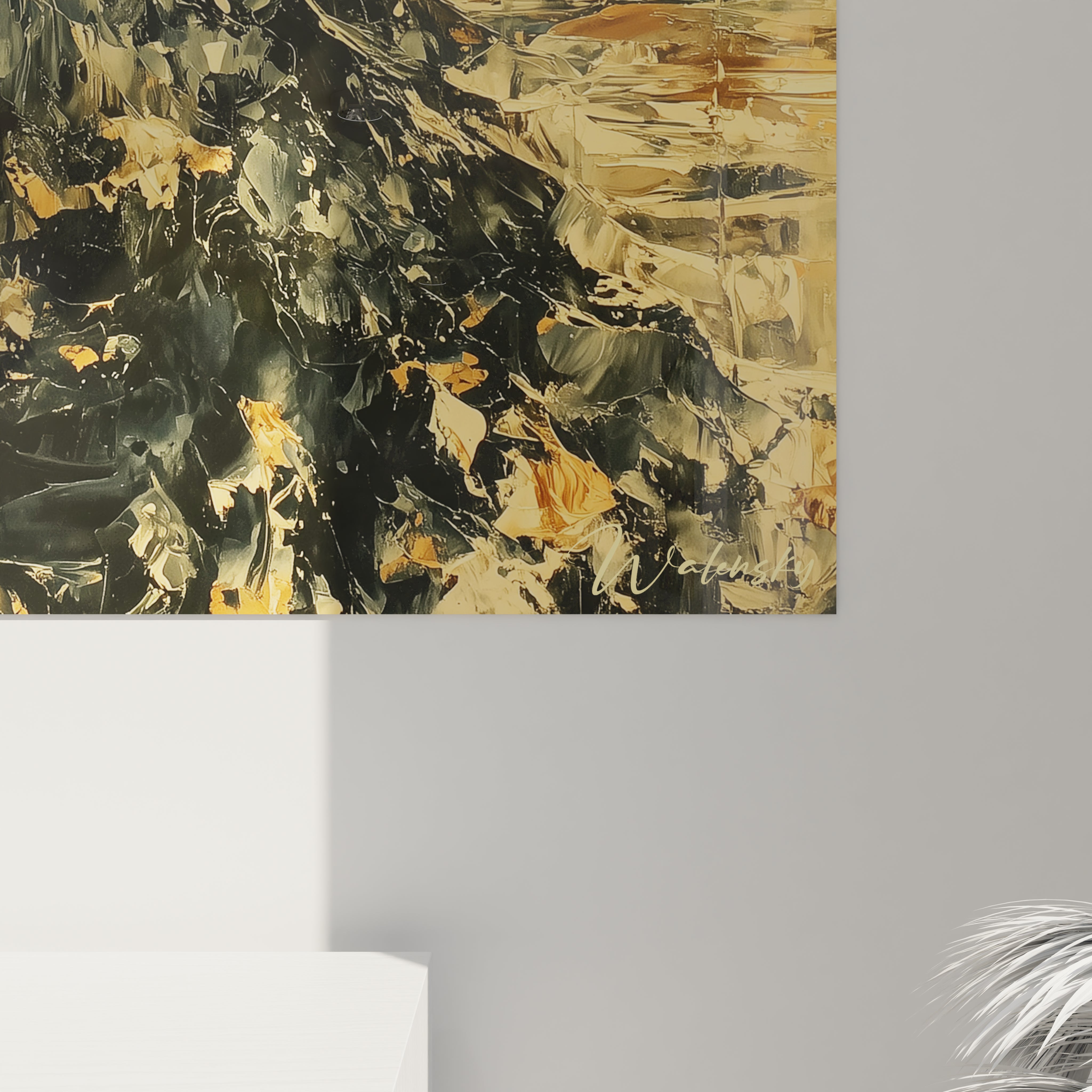 tableau femme gothique Walensky peinture murale abstraite vert sombre et doré accroche mur moderne