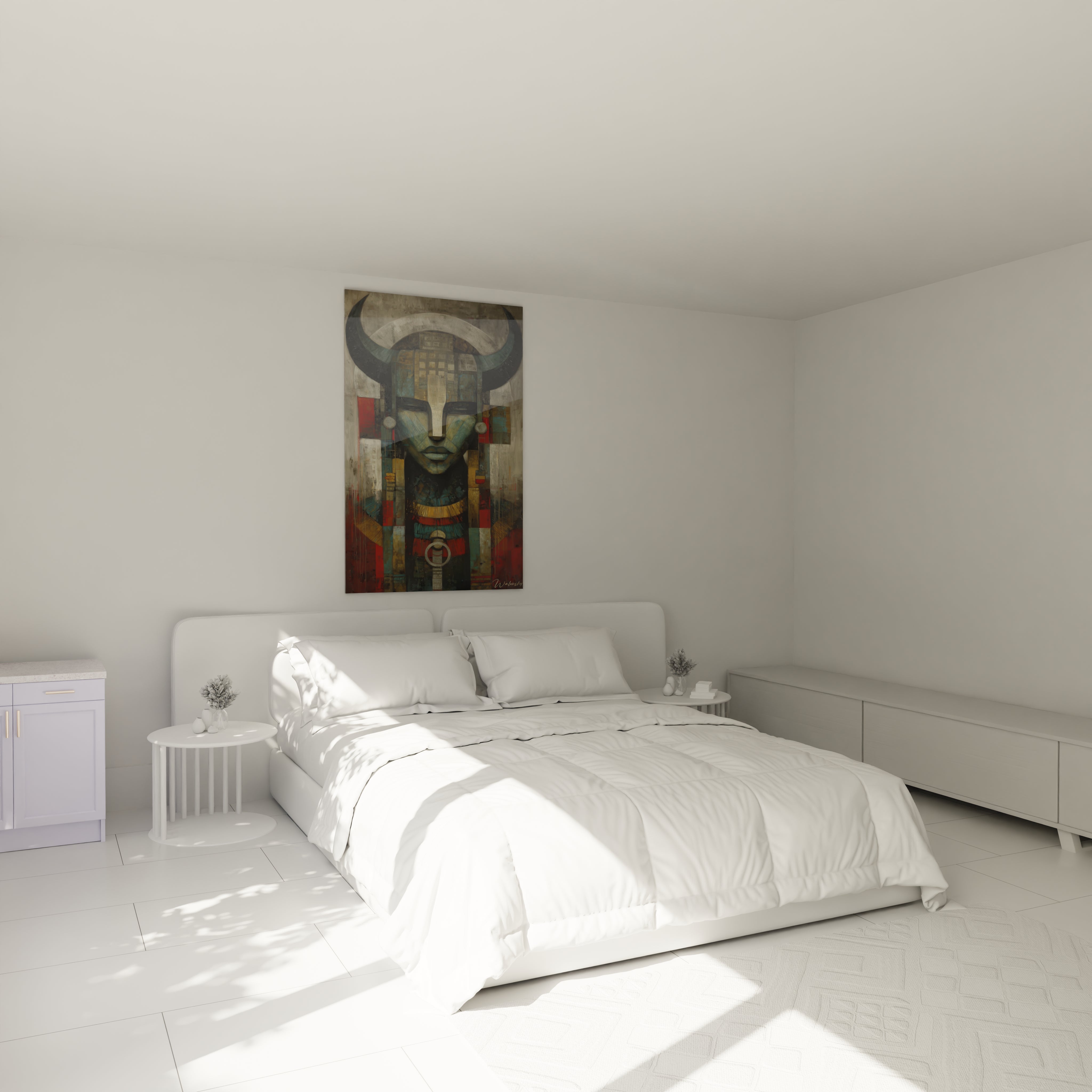 Tableau mural Walensky tableau masque tribal coloré suspendu au dessus du lit dans une chambre moderne minimaliste