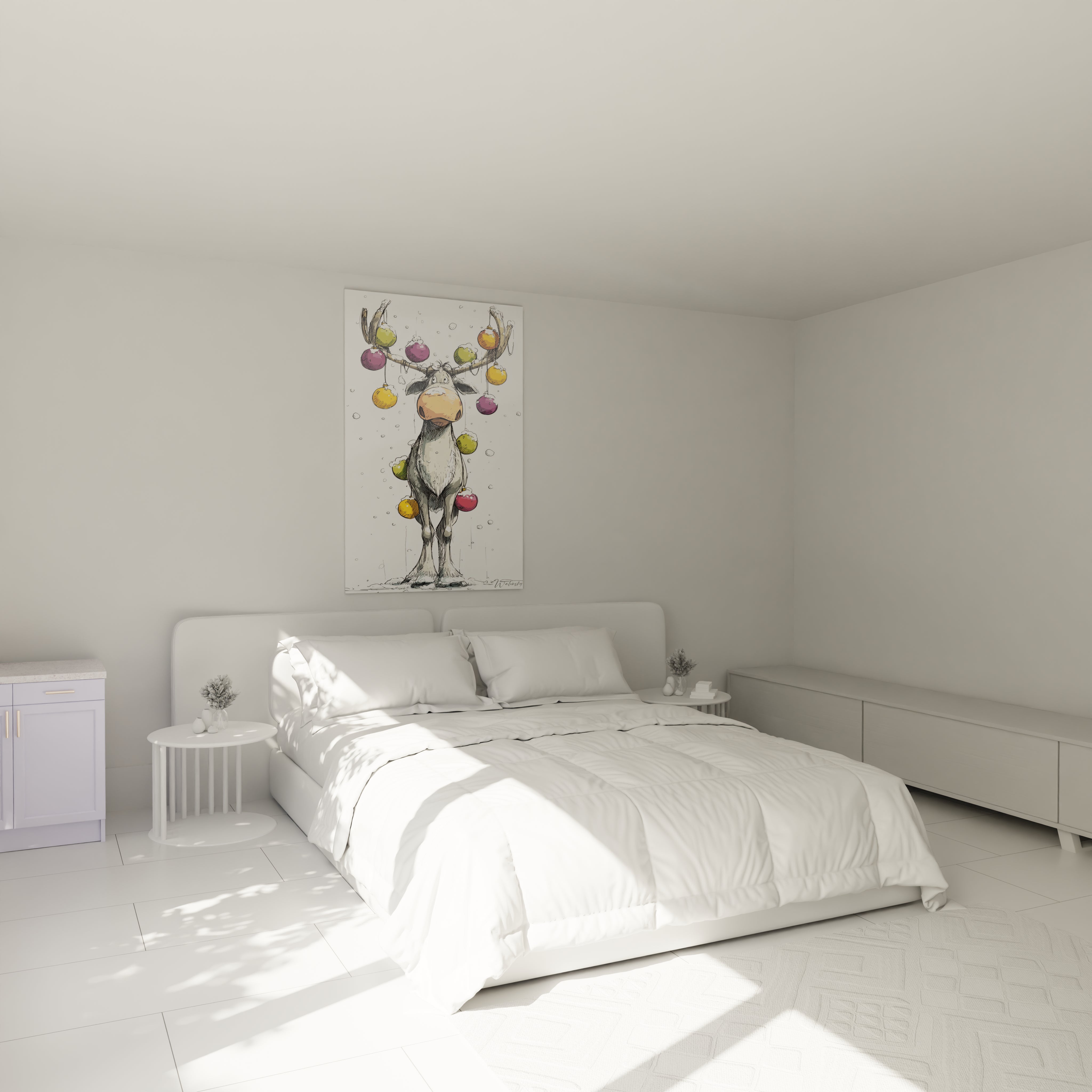 Tableau mural renne édition Noël suspendu au-dessus d'un lit dans une chambre moderne et lumineuse
