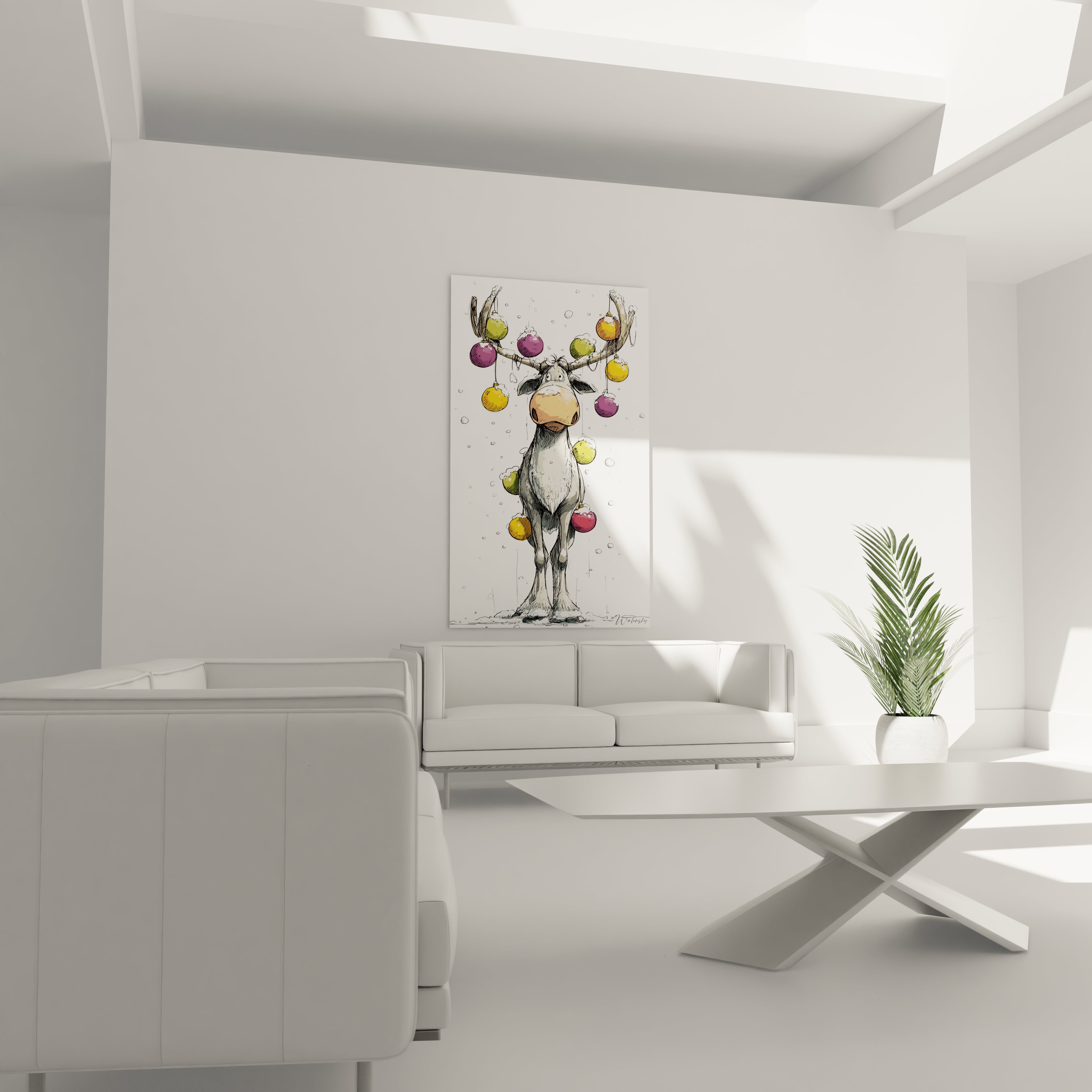 Tableau mural renne édition Noël avec des ornements colorés pour une décoration festive