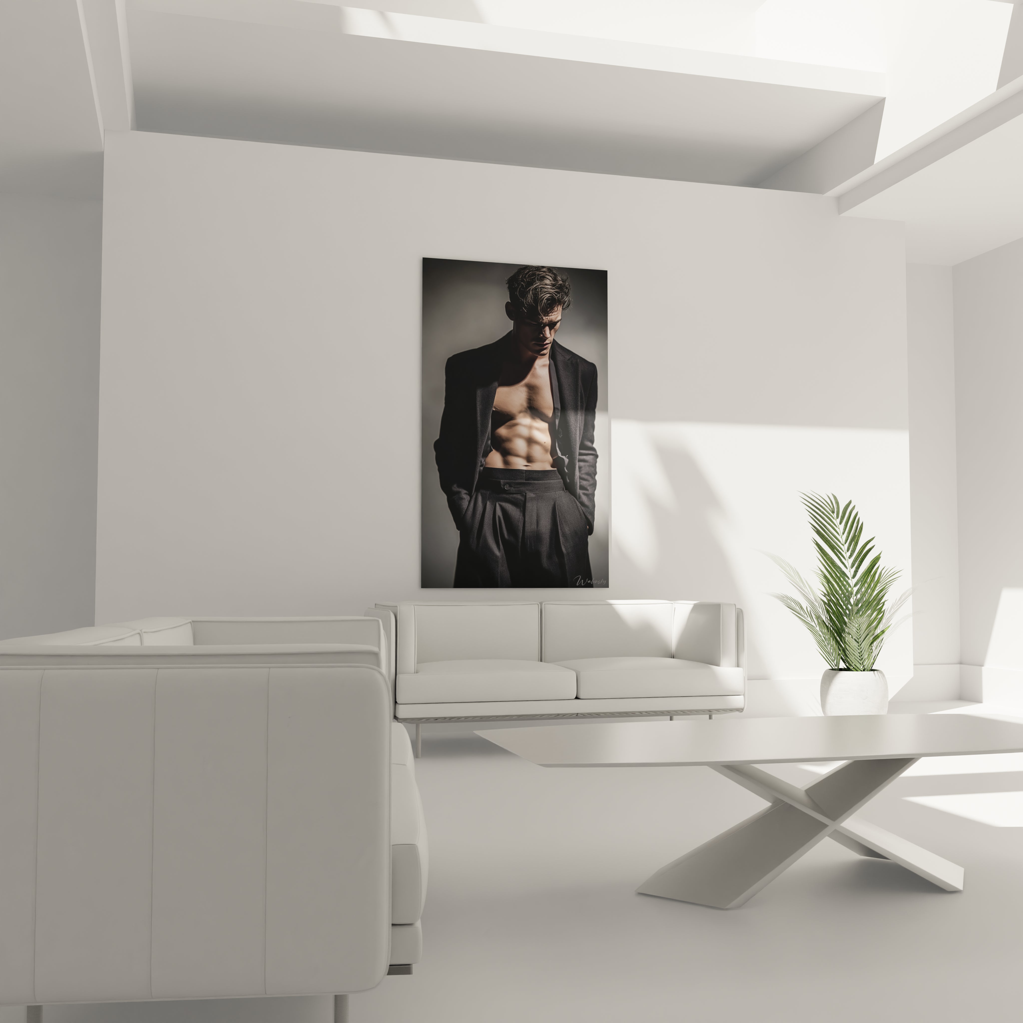 Tableau torse masculin déco de Walensky sur un mur blanc dans un salon moderne