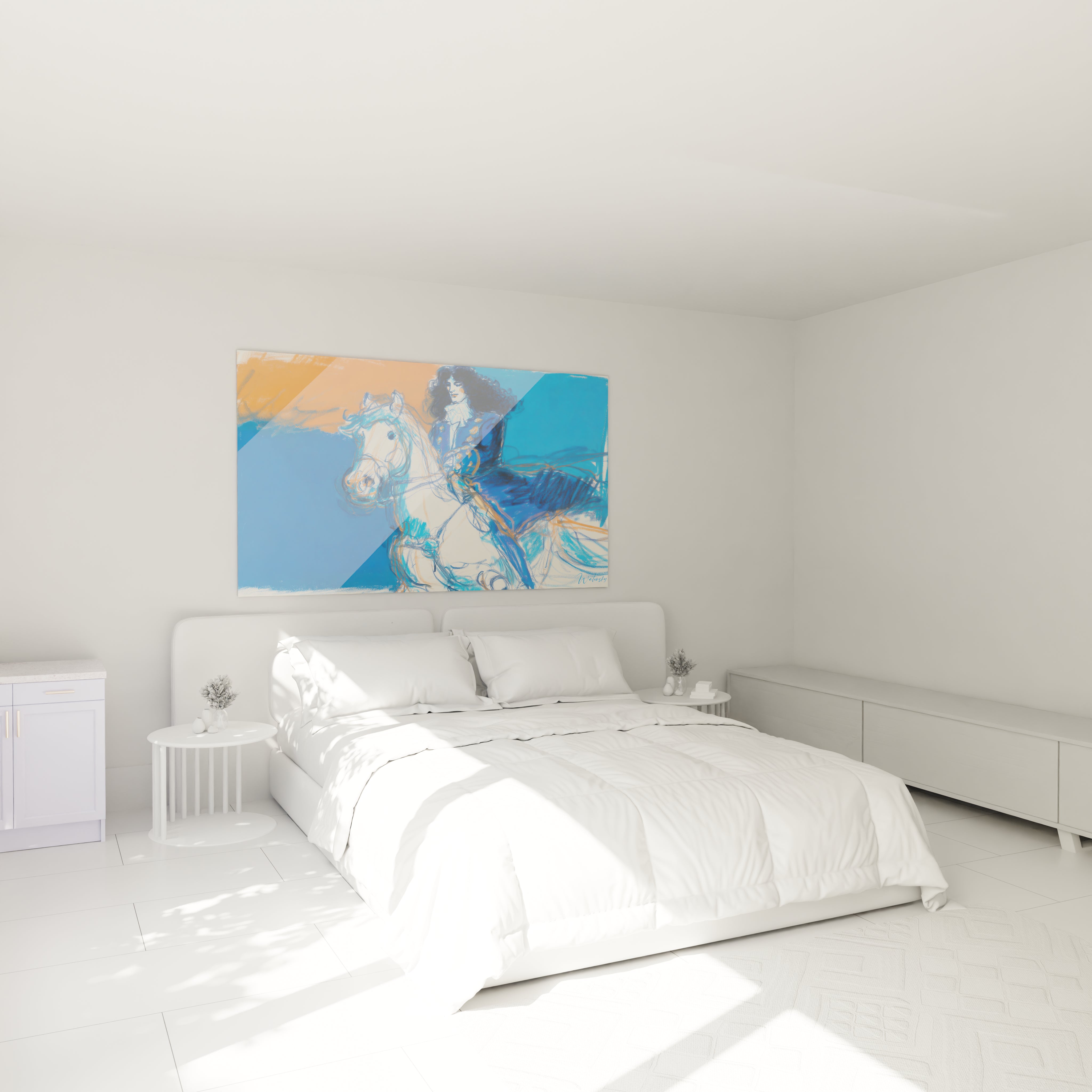 tableau mural Louis XIV Walensky style pop coloré bleu et orange accroché au dessus d un lit blanc minimaliste