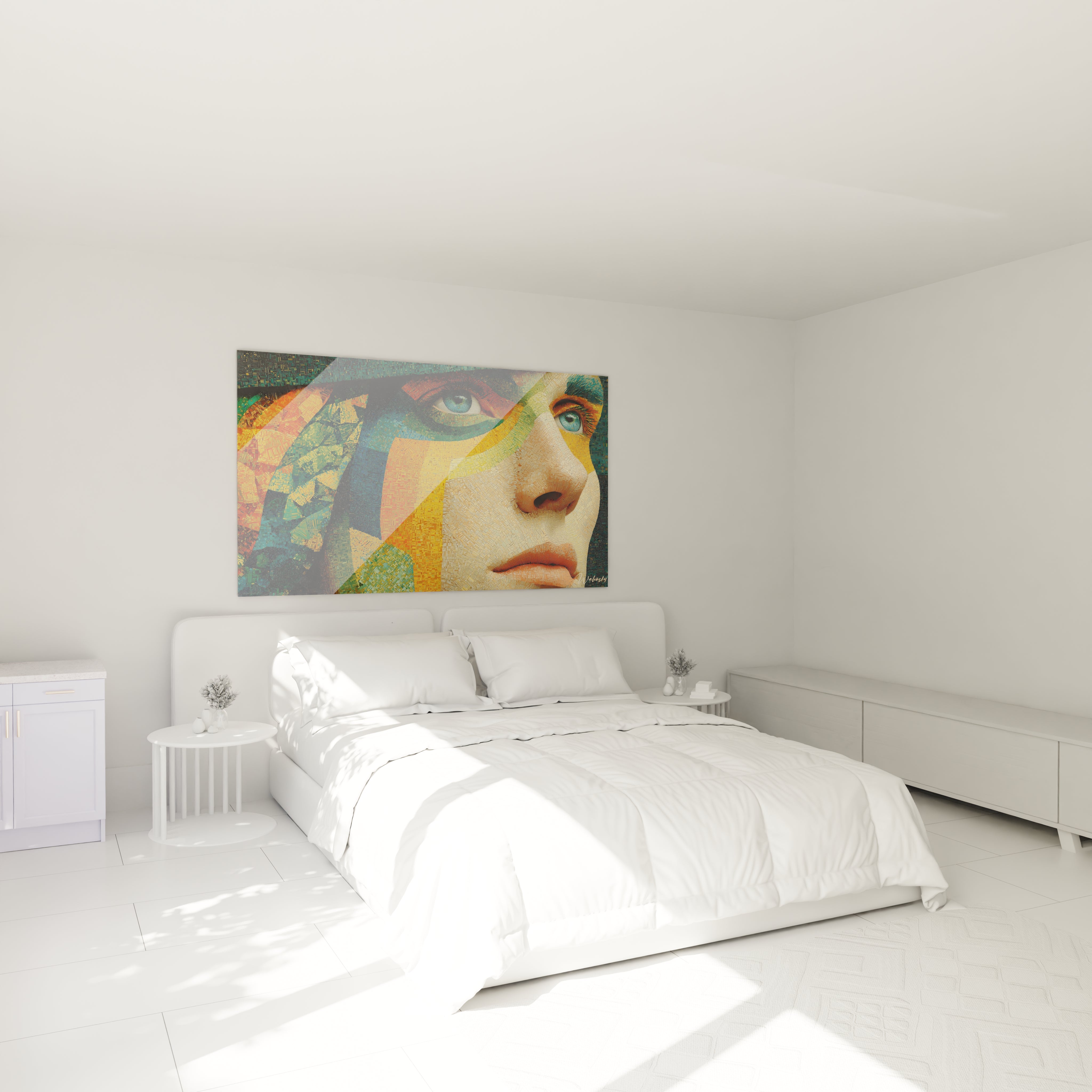 tableau mosaïque visage moderne Walensky au dessus d'un lit blanc dans une chambre minimaliste lumineuse