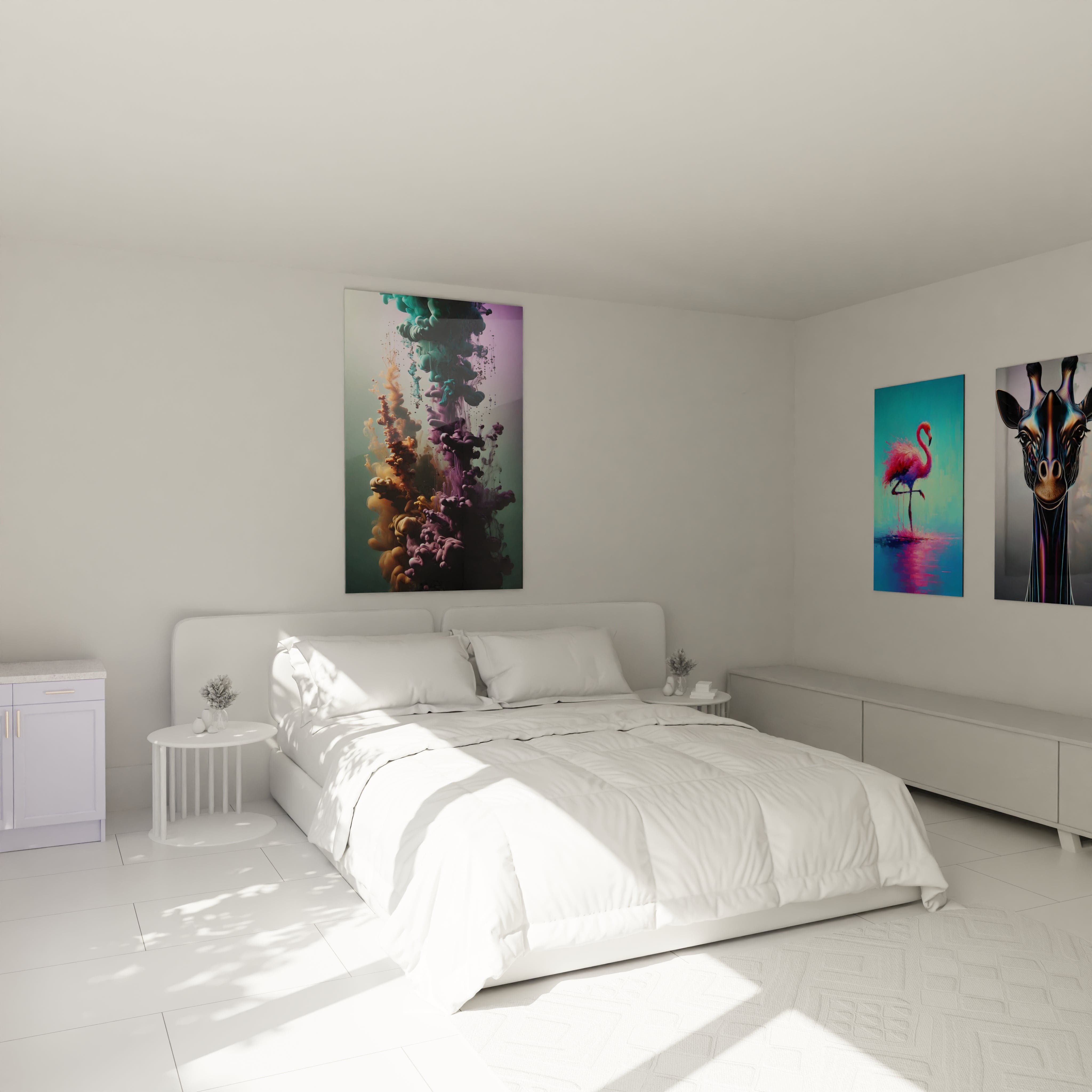 tableau abstrait coloré suspendu au-dessus du lit; nuages de couleur evoquant les emotions; violet, vert et orange creent une ambiance onirique et poetique. Ideal pour chambre calme et introspective

