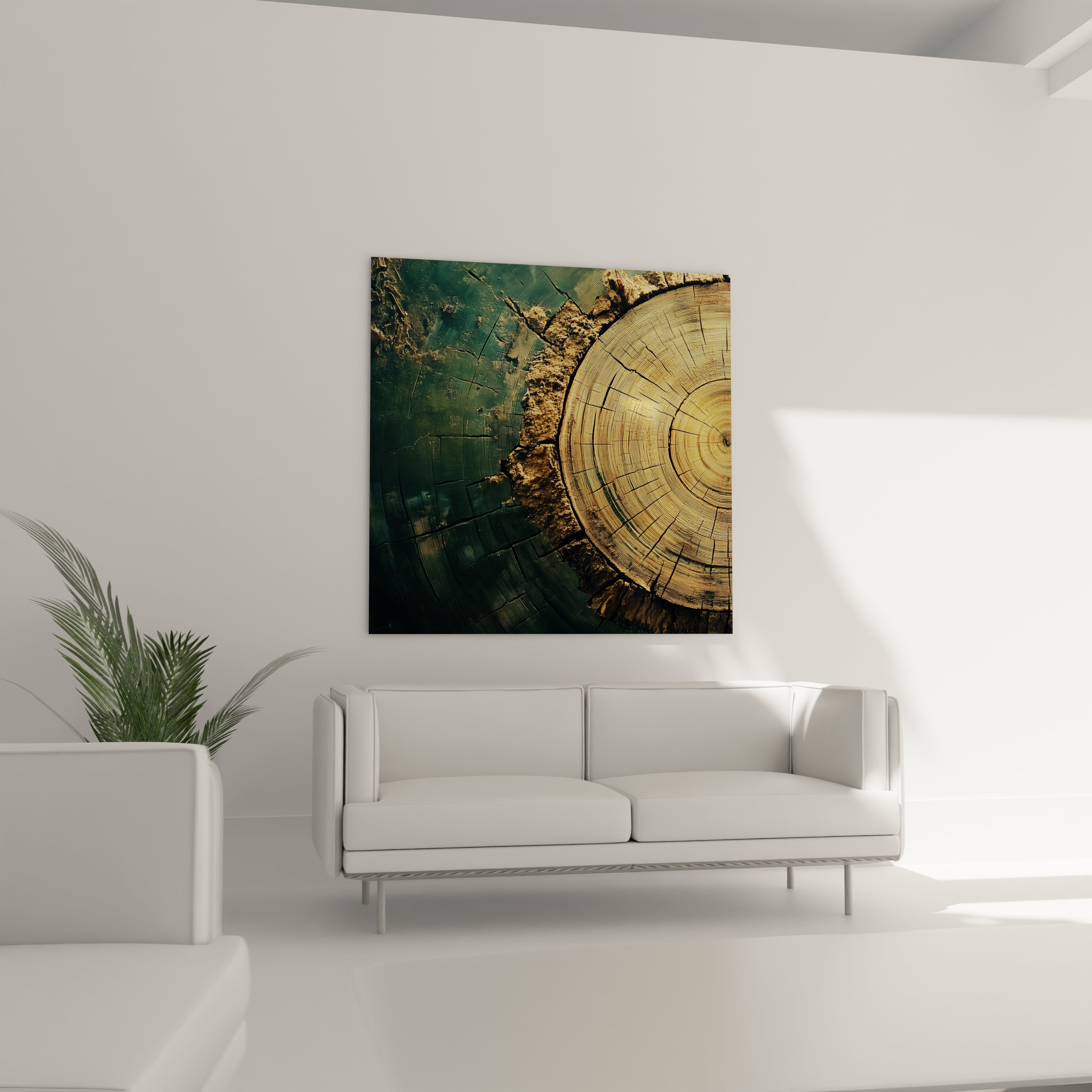 Un tableau décoratif composé d'une section circulaire de tronc d'arbre aux anneaux concentriques ambrés, fusionnée avec une résine verte profonde, montrant une frontière organique entre les deux matériaux avec des détails d'écorce préservée.
