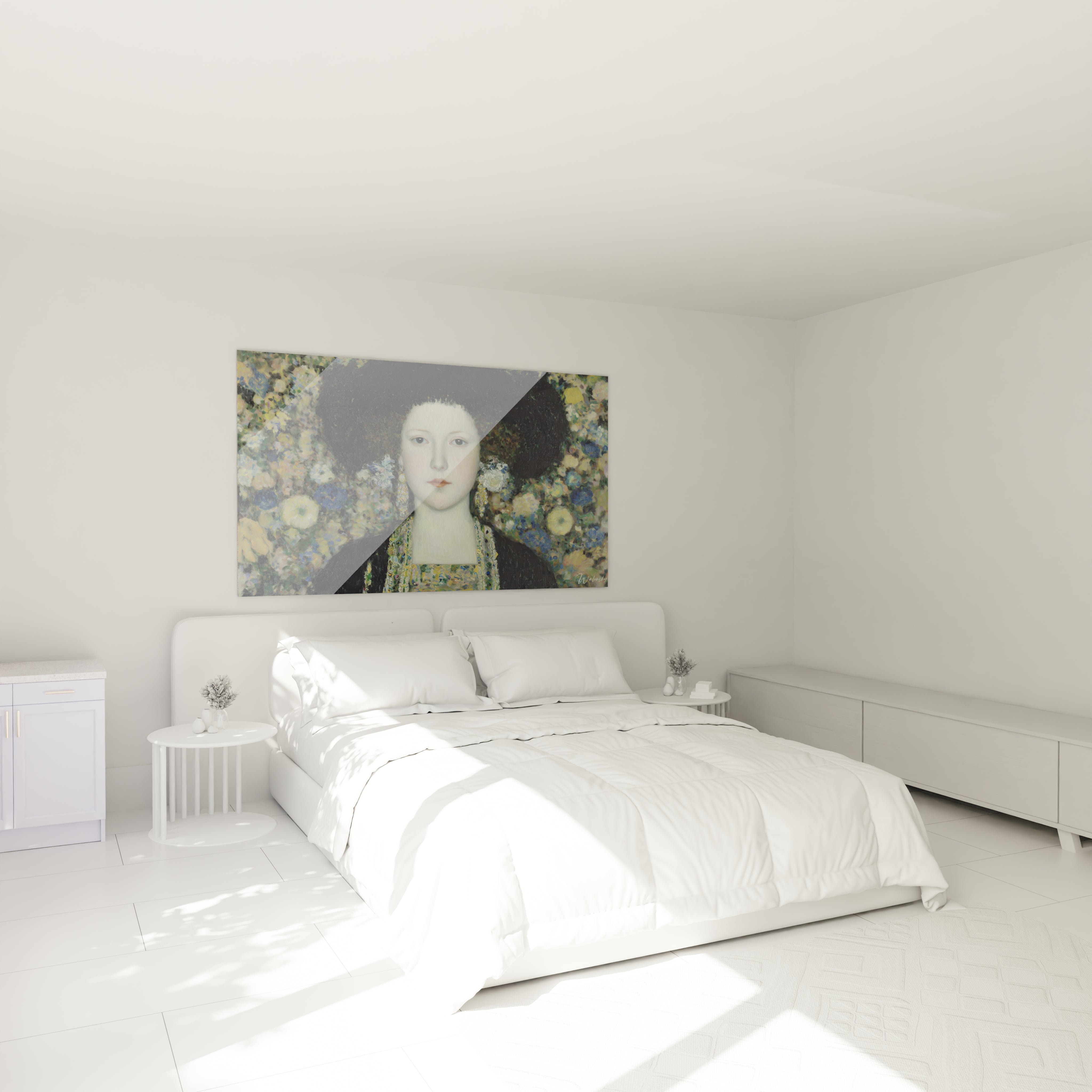 Tableau mural Walensky tableau femme symboliste portrait de femme au chapeau sombre sur fond floral au dessus d un lit blanc