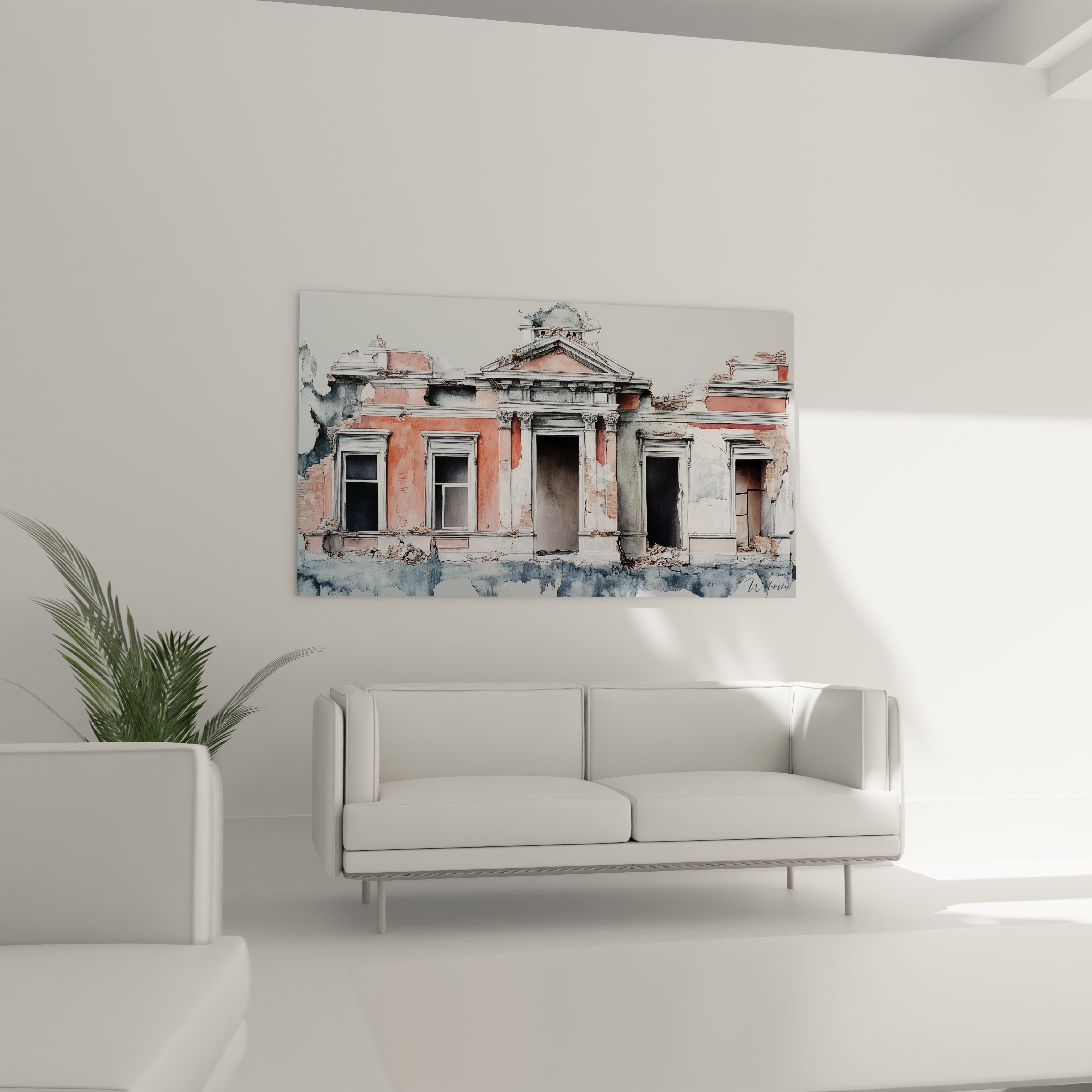 Tableau d'architecture délabrée alliant précision des détails et fluidité des couleurs, présentant une maison abandonnée aux murs roses et blancs, avec fenêtres vides et porte centrale, le tout rendu dans un style entre réalisme et expression artistique.

