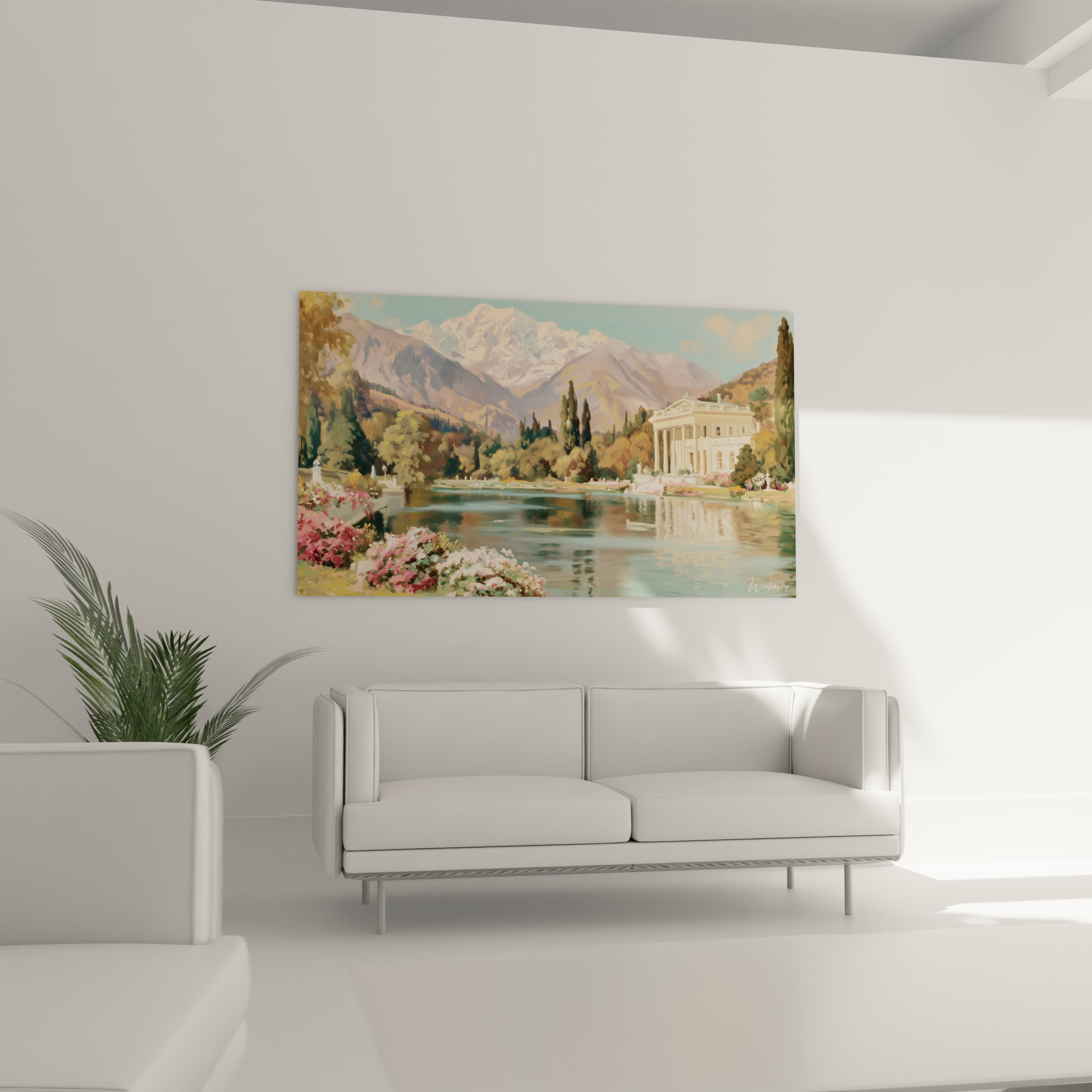 tableau temple colonnes doriques Walensky peinture murale paysage lac montagnes jardin fleuri au dessus du canapé