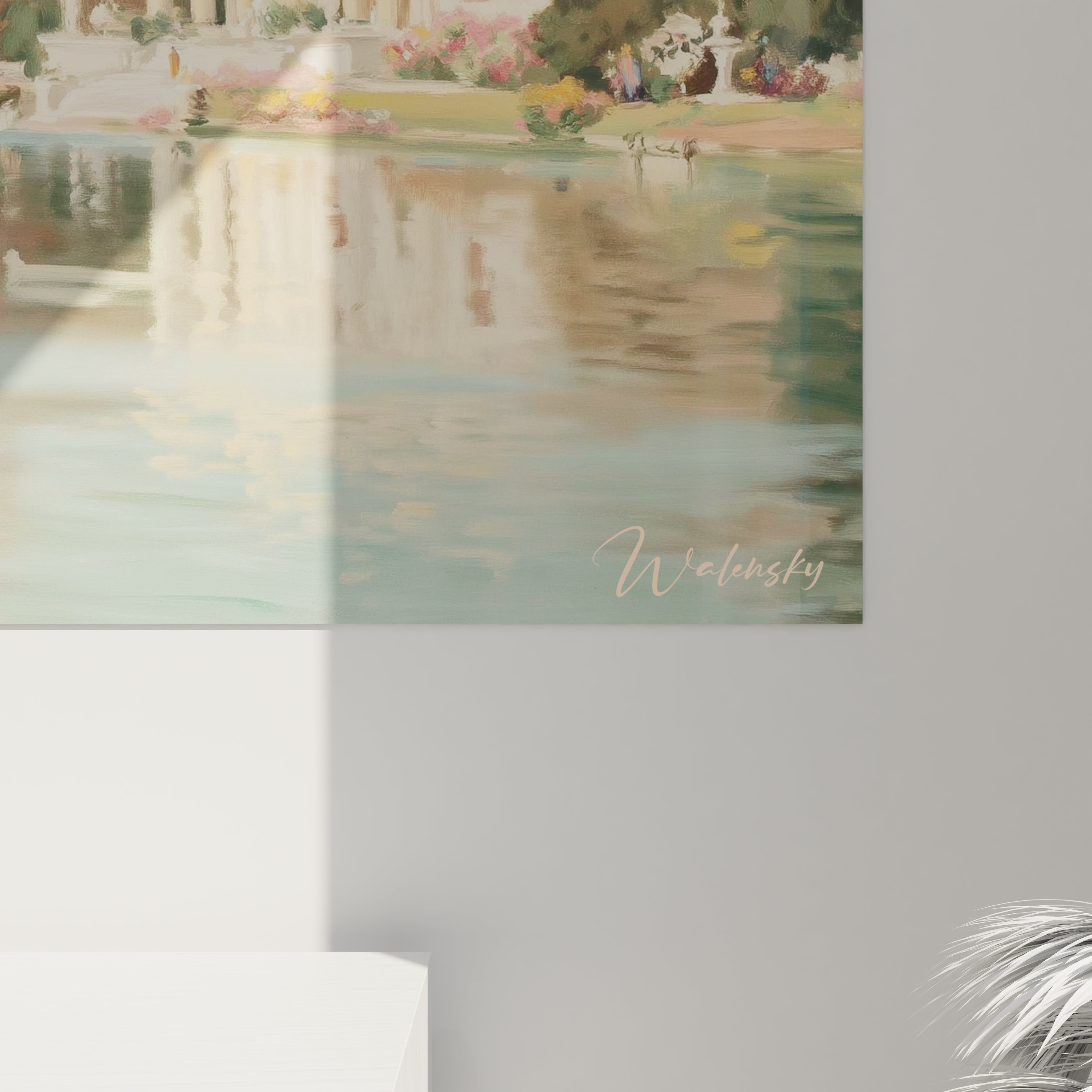 Tableau mural Walensky representant un paysage lacustre avec reflet de l eau et temple ancien tableau temple colonnes doriques