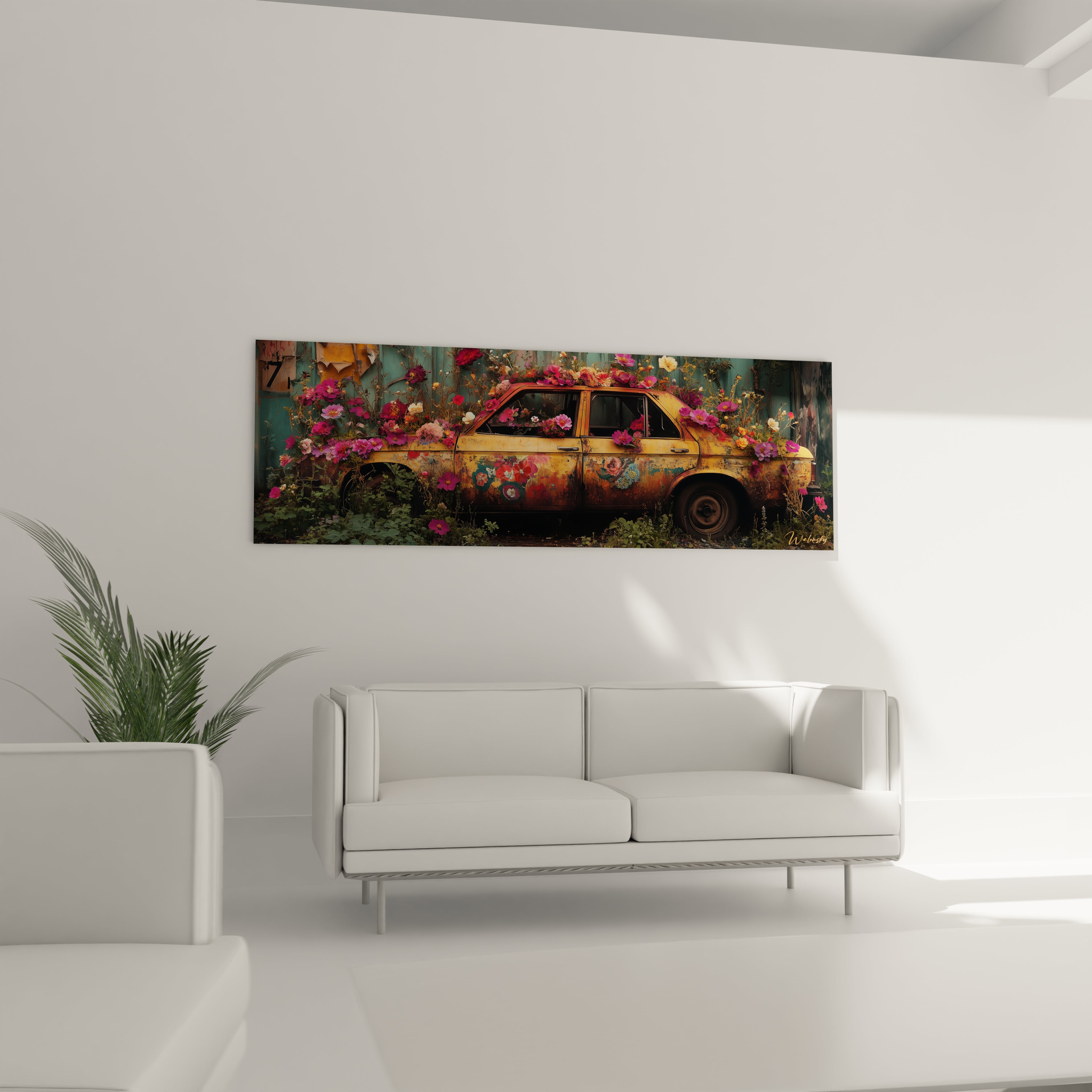 Un tableau artistique représentant une automobile vintage jaune envahie par une végétation luxuriante, où des fleurs roses vives émergent de la carrosserie rouillée, créant un effet visuel saisissant entre le métal dégradé et la fraîcheur florale.

