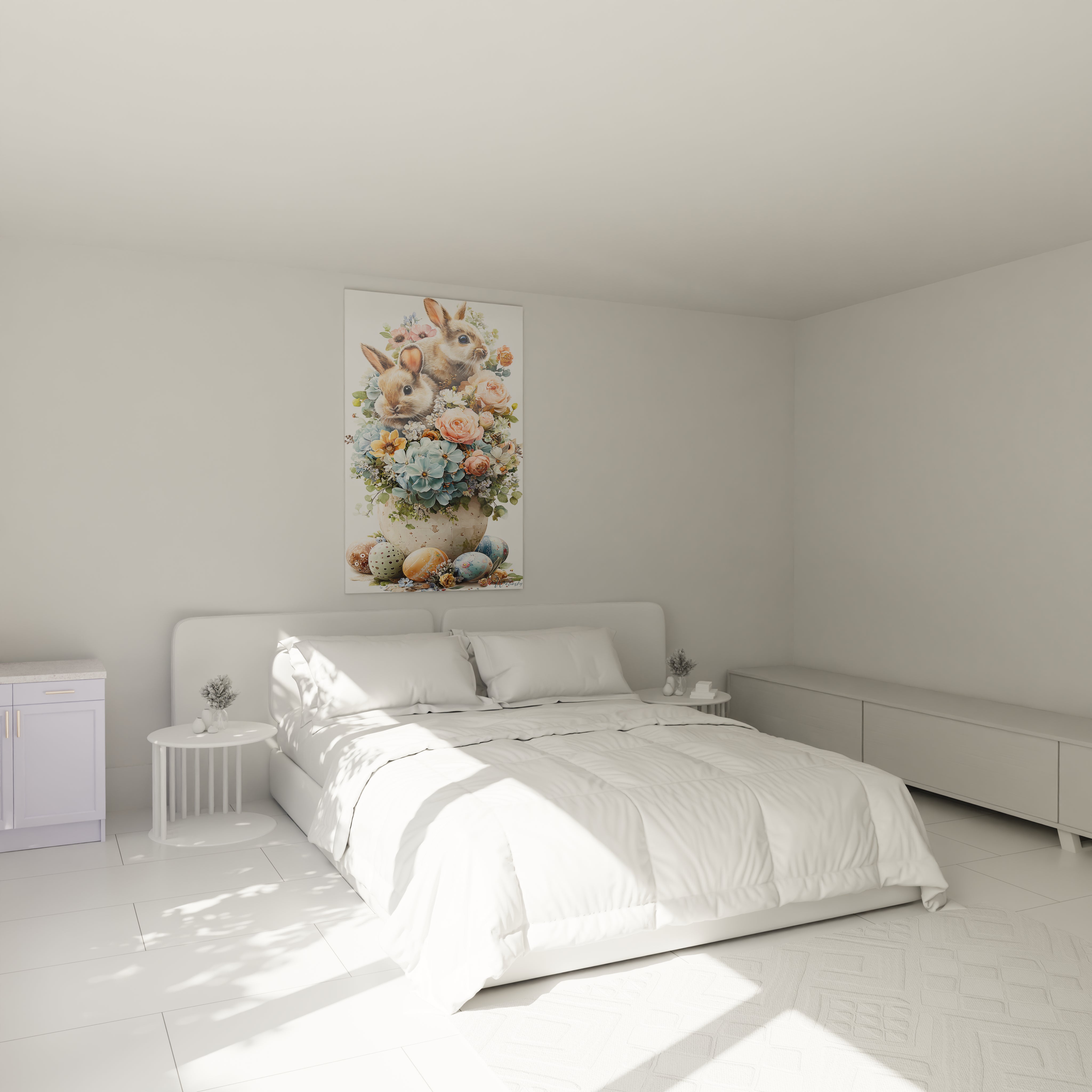 Walensky tableau lapins bouquet pâques suspendu au dessus d un lit blanc dans une chambre minimaliste fleurs pastel et oeufs