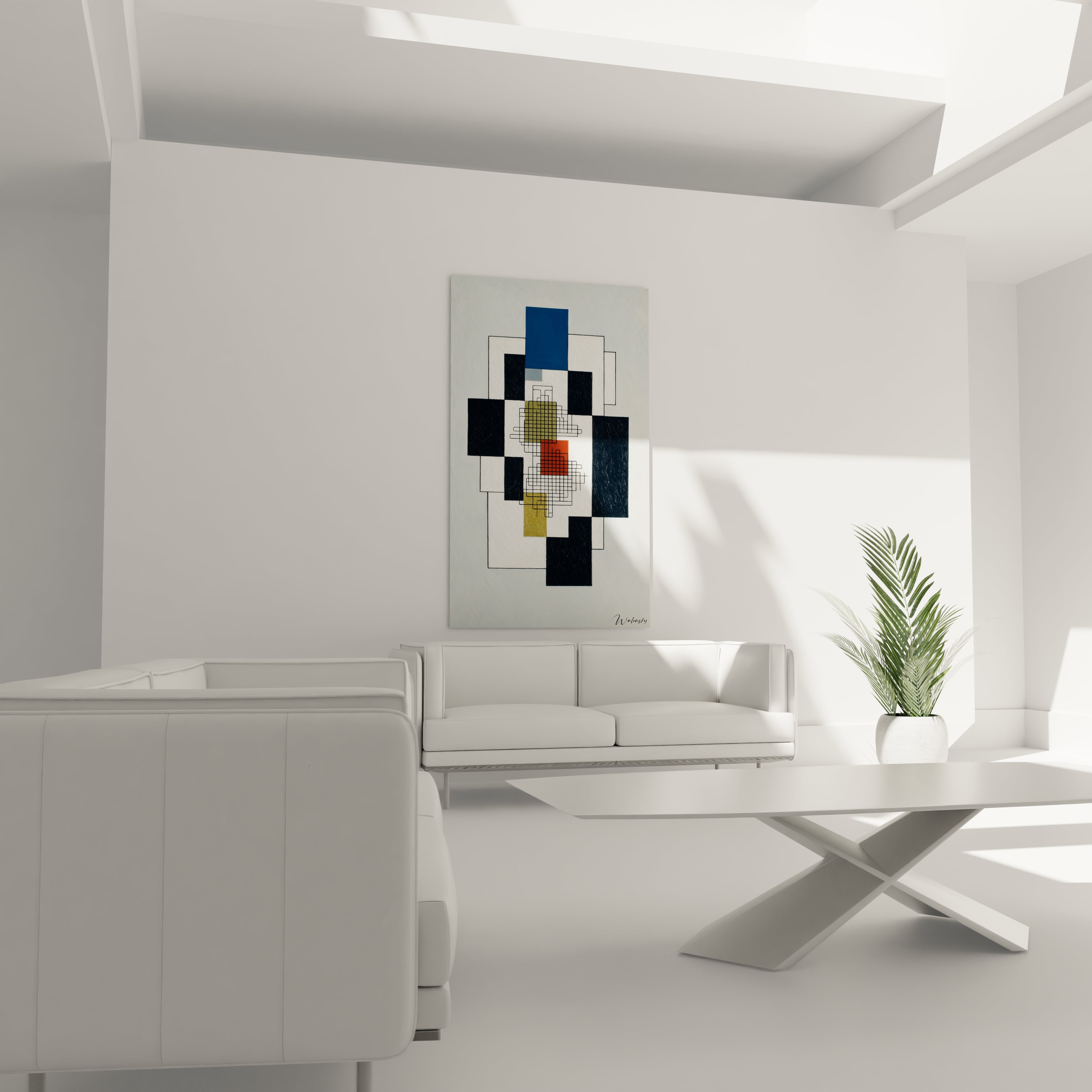 Tableau mural Walensky suspendu au dessus d un canapé blanc tableau géométrique moderne aux formes rectangulaires bleu noir jaune et rouge