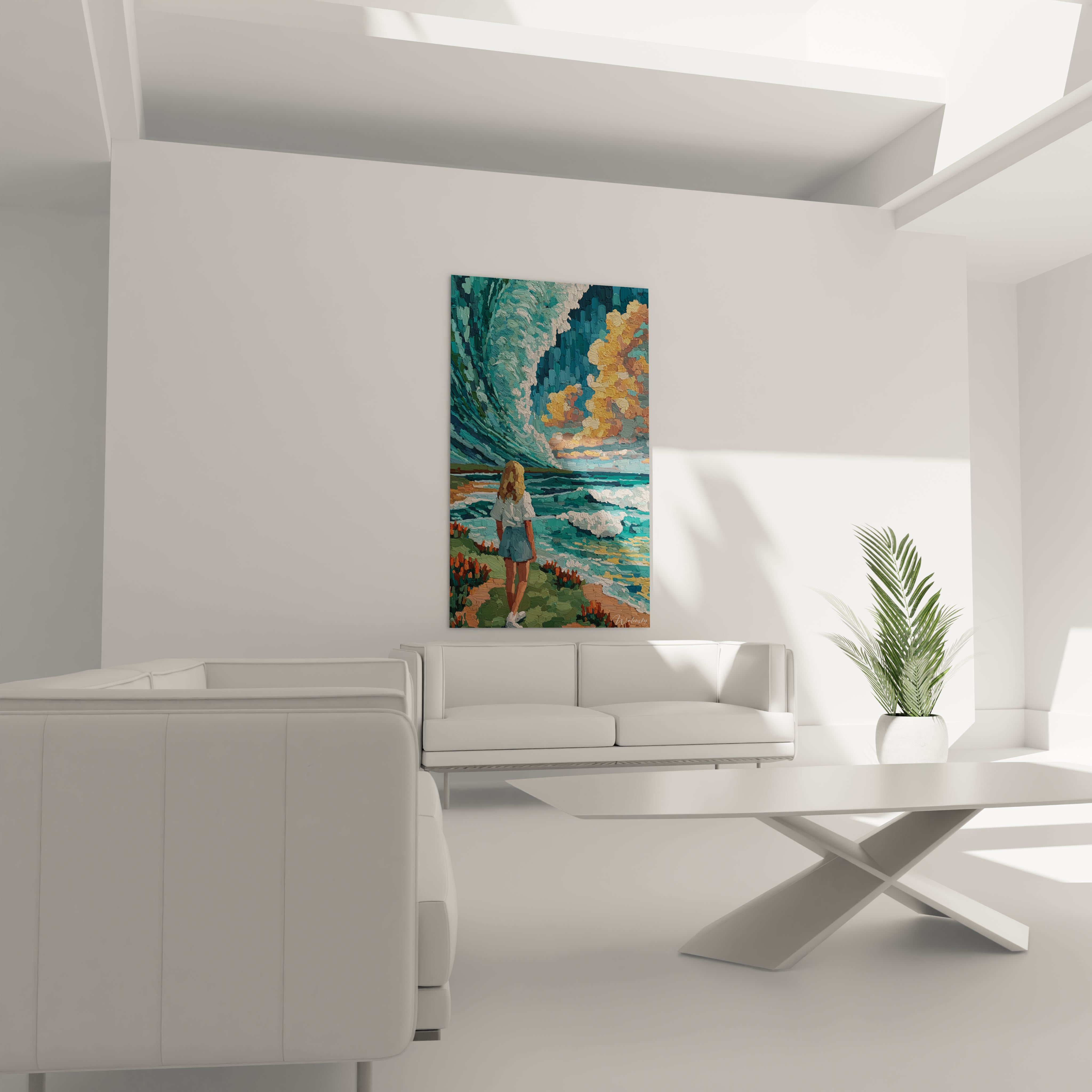 Tableau mural Walensky montrant une femme au bord de la mer avec vagues spectaculaires, tableau femme sirène terrestre
