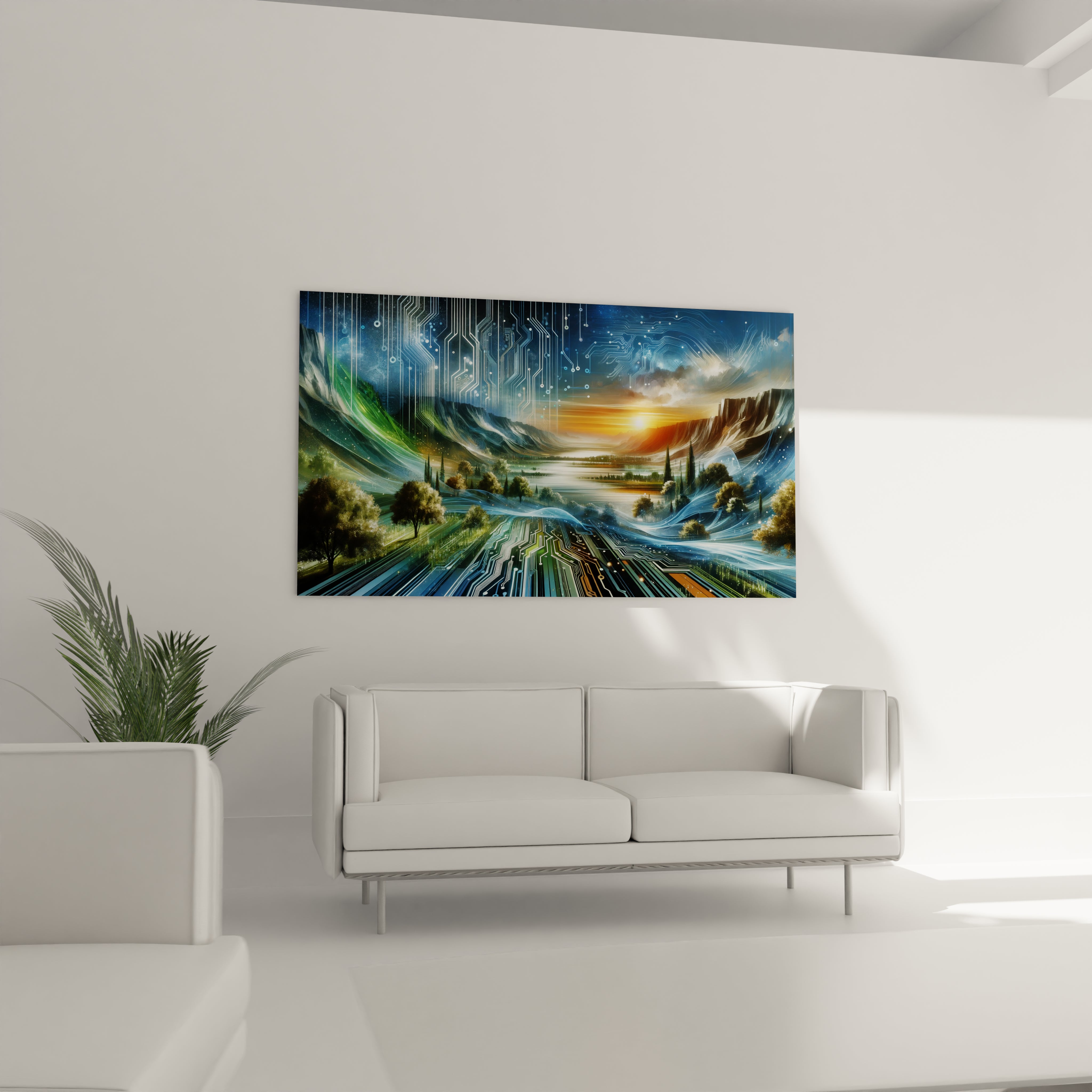 Acrylique sur verre montrant la fusion de la nature et technologie, avec un paysage digital lumineux au lever du soleil.