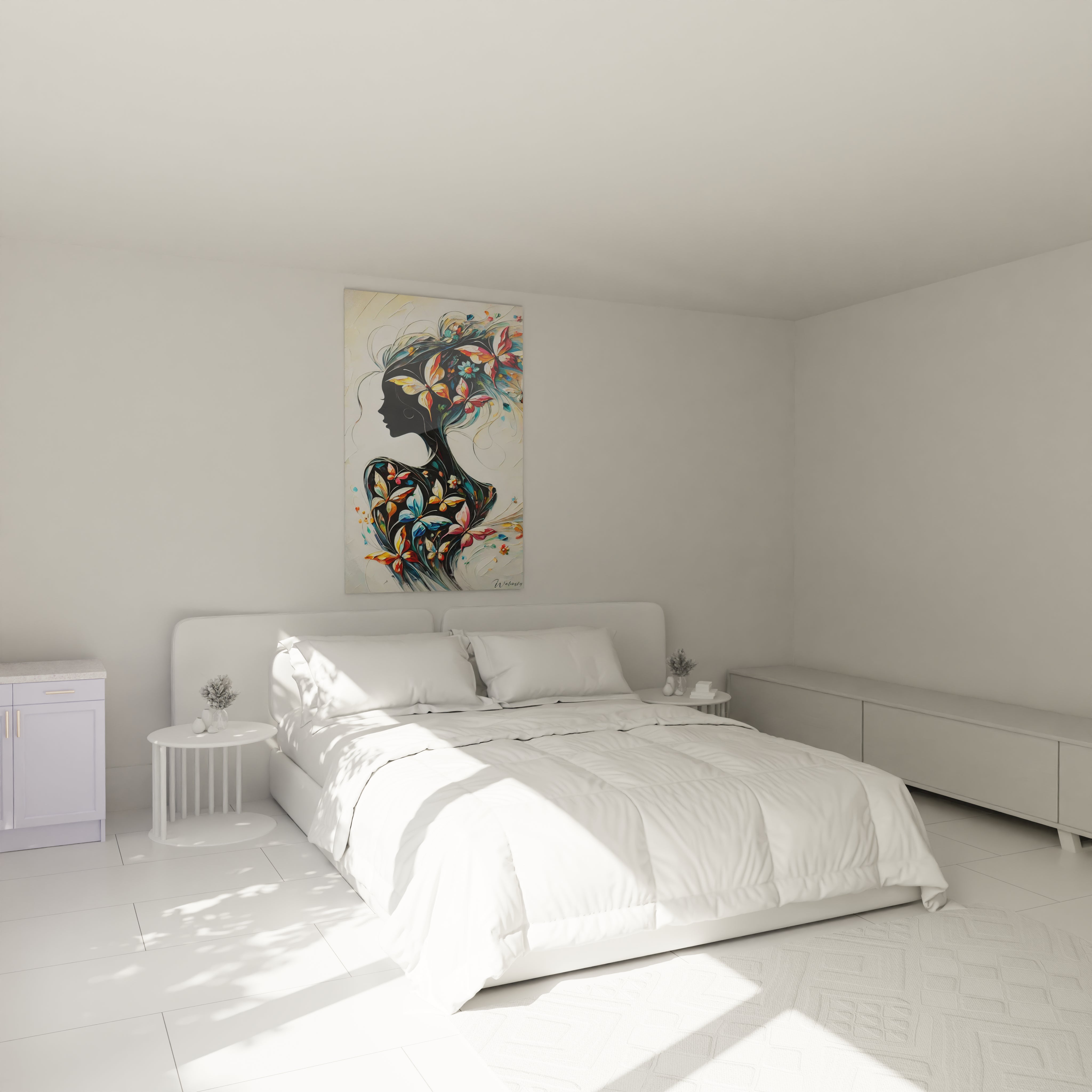 Tableau papillon accroché dans une chambre, au dessus du lit, apportant une touche de transformation personnelle et de nature, avec des couleurs vives pour une ambiance positive et inspirante.
