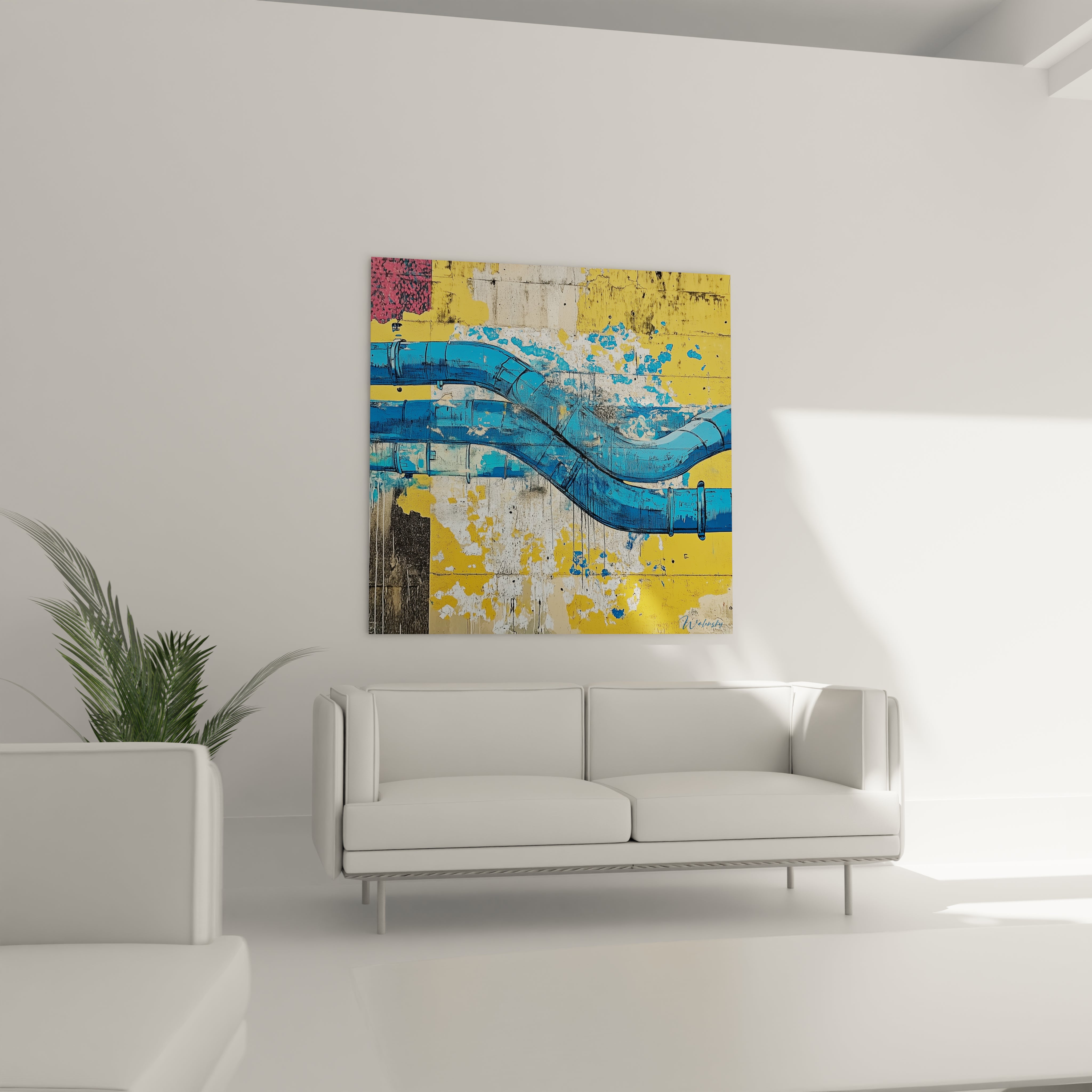 Un tableau de tuyauterie industrielle où des conduites bleues vives serpentent sur un fond jaune doré et blanc cassé, créant un contraste dynamique entre éléments techniques et surface texturée avec dripping et éclaboussures.
