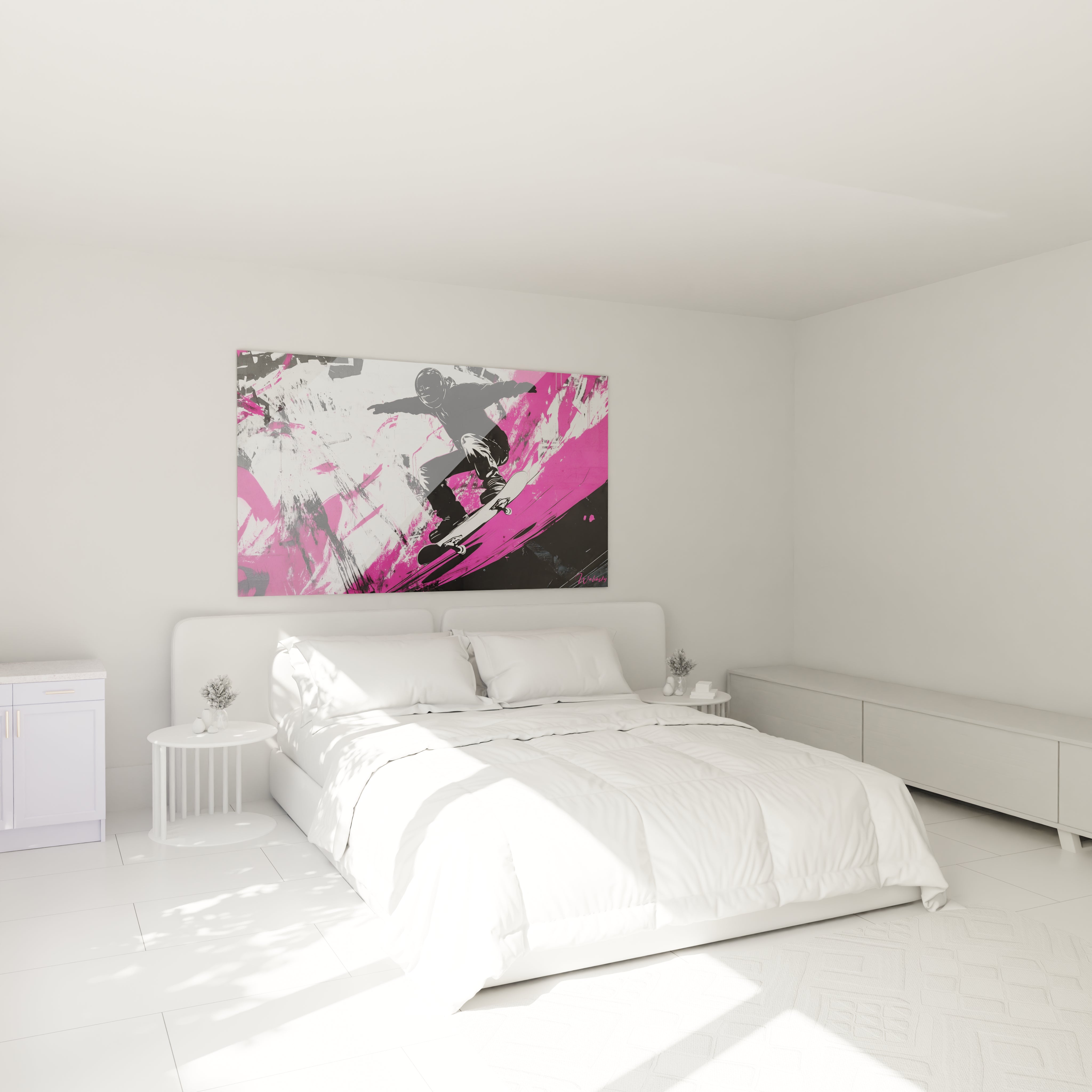 Un tableau skateboard urbain captant l'instant d'une figure aérienne, où la silhouette noire se détache sur un arrière-plan explosif de rose vif et blanc, avec des éclaboussures de peinture créant une sensation de mouvement et d'énergie brute.
