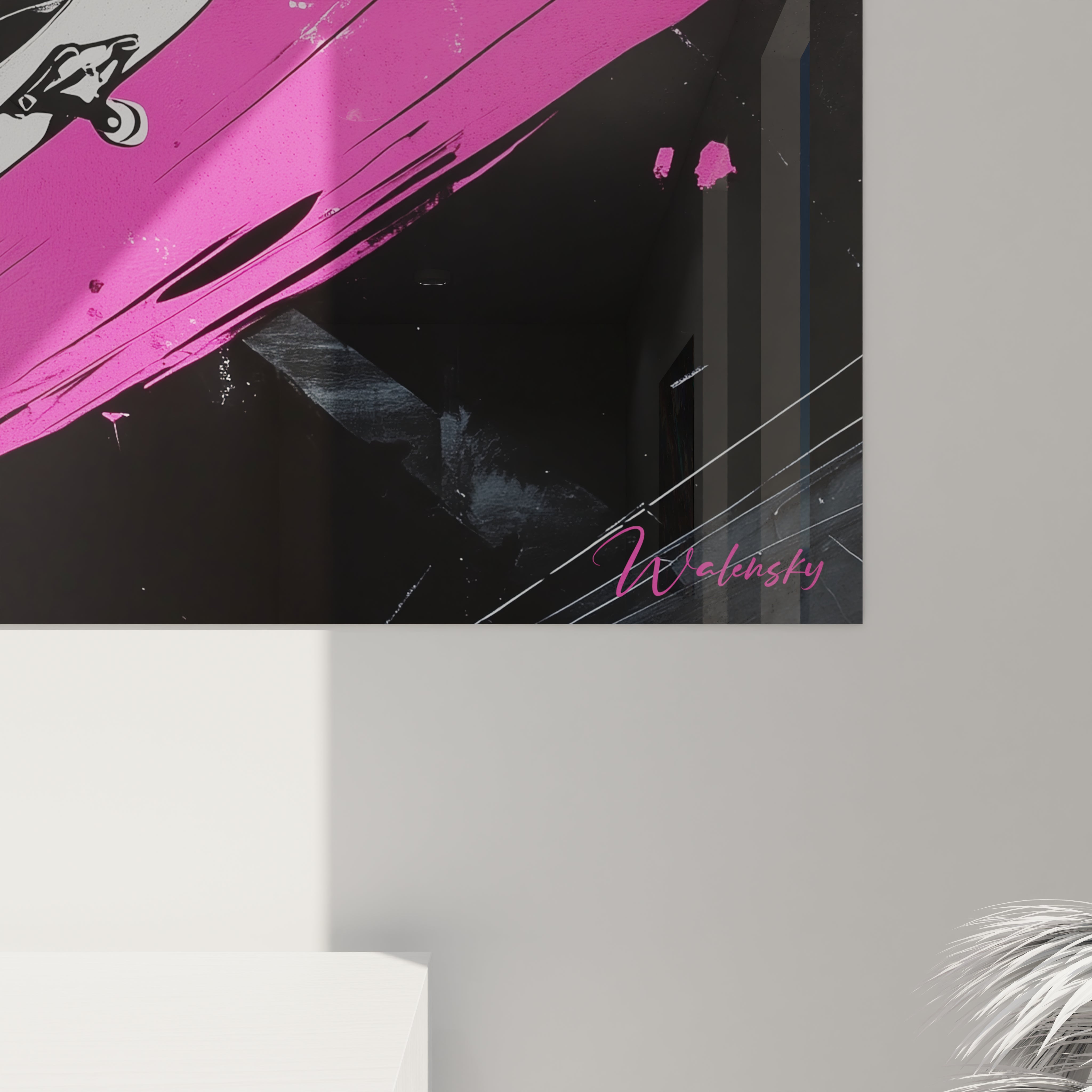 Un tableau skateboard contemporain présentant une composition diagonale où un rider anonyme en noir exécute une figure sur fond d'explosions roses et blanches, avec des textures brutes et des lignes de mouvement qui transmettent l'énergie de la culture urbaine.
