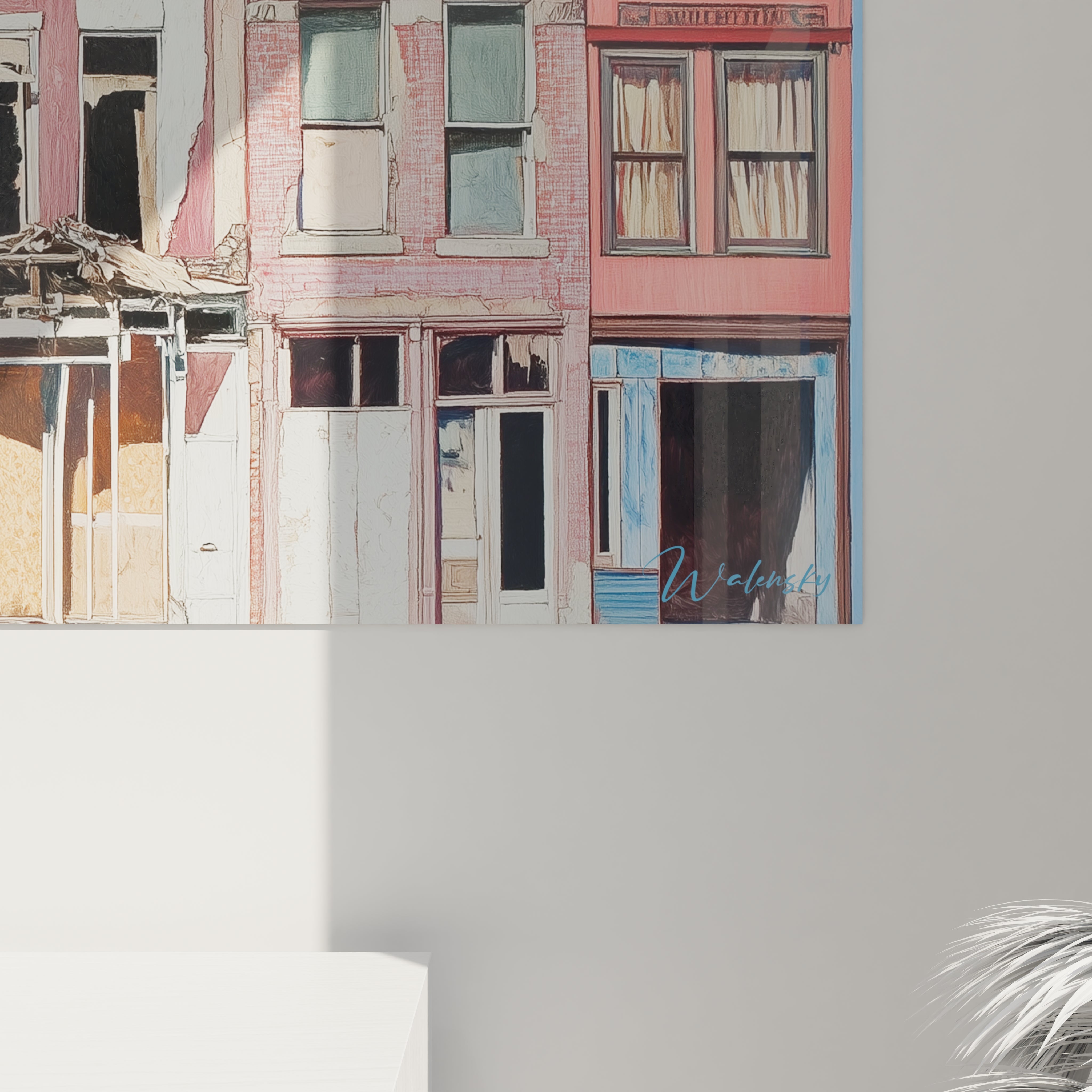 Un tableau façades délabrées urbaines aux teintes douces de rose, bleu et vert pâle, présentant une vue frontale de bâtiments abandonnés avec leurs fenêtres condamnées, surfaces écaillées et détails architecturaux soigneusement préservés dans un format allongé horizontal.
